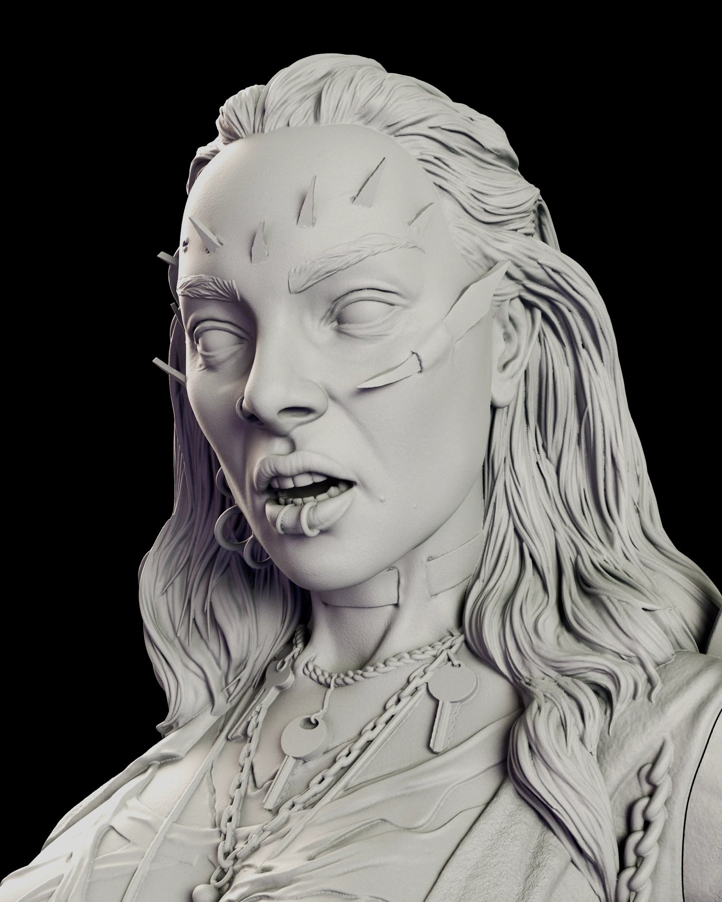 Portrait view of the Julie Walker figure model kit showing the glass embedded in the brow, the nails driven through the cheek, the hooped ear and the parted lips