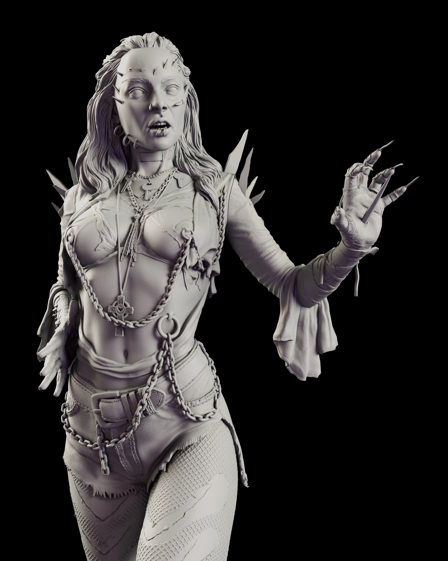 Close view of the Julie Walker figure model kit showing the glass shards fanned from the shoulders, the chains looping from a navel ring and the shard driven through the raised hand
