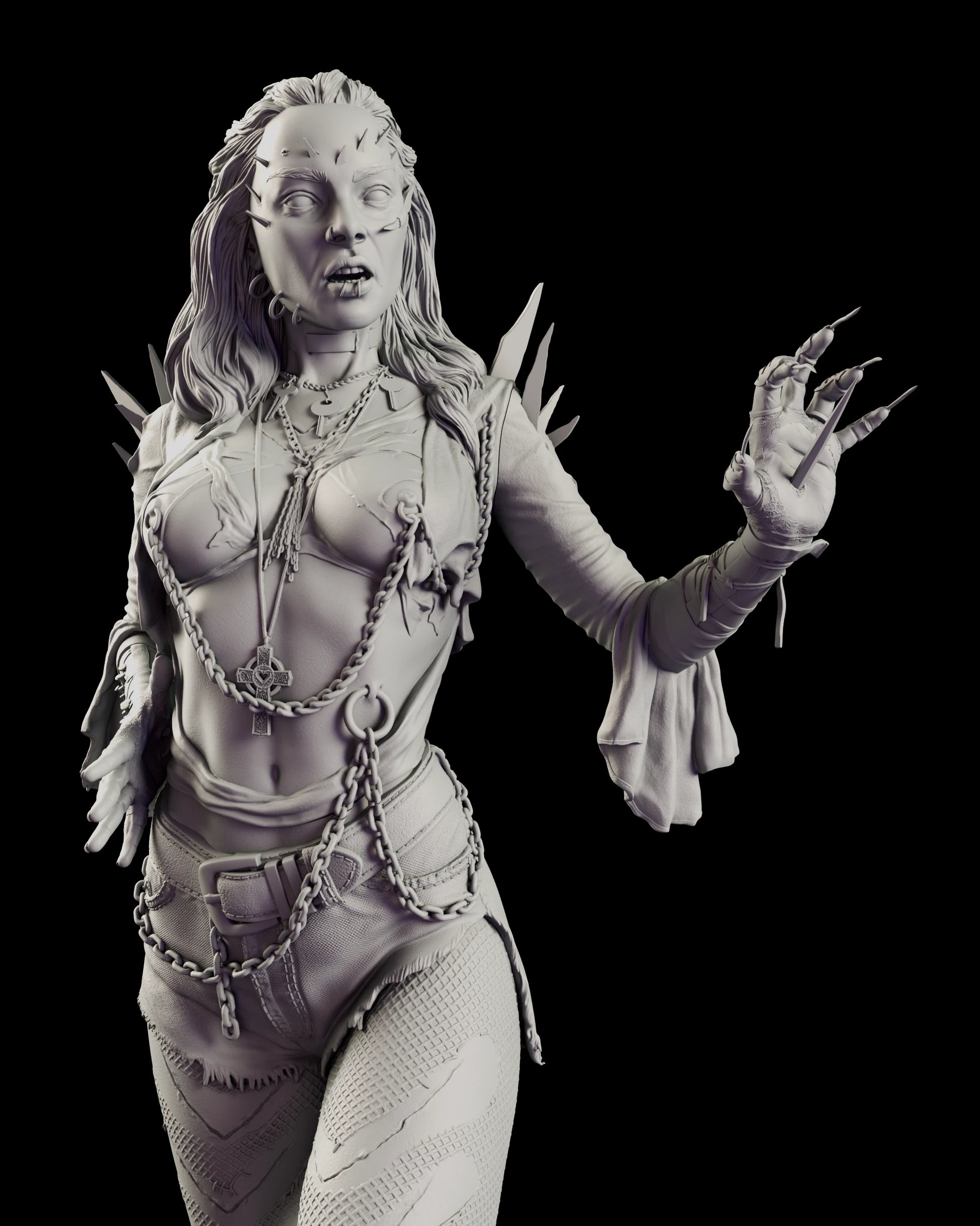 Close view of the Julie Walker figure model kit showing the glass shards fanned from the shoulders, the chains looping from a navel ring and the shard driven through the raised hand