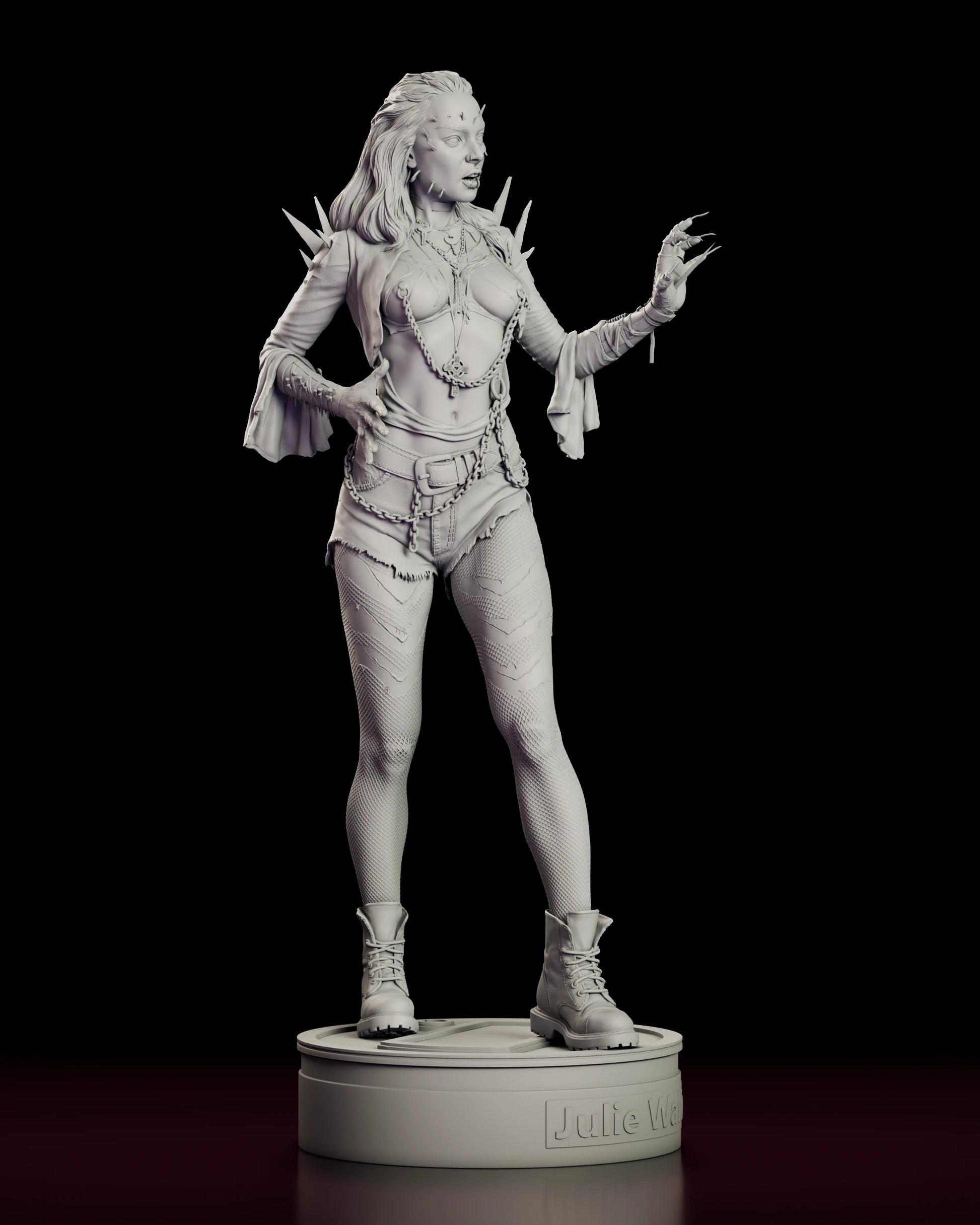 Right side view of the Julie Walker figure model kit showing the cloth wraps trailing from the forearm and the glass shards set into the shoulder