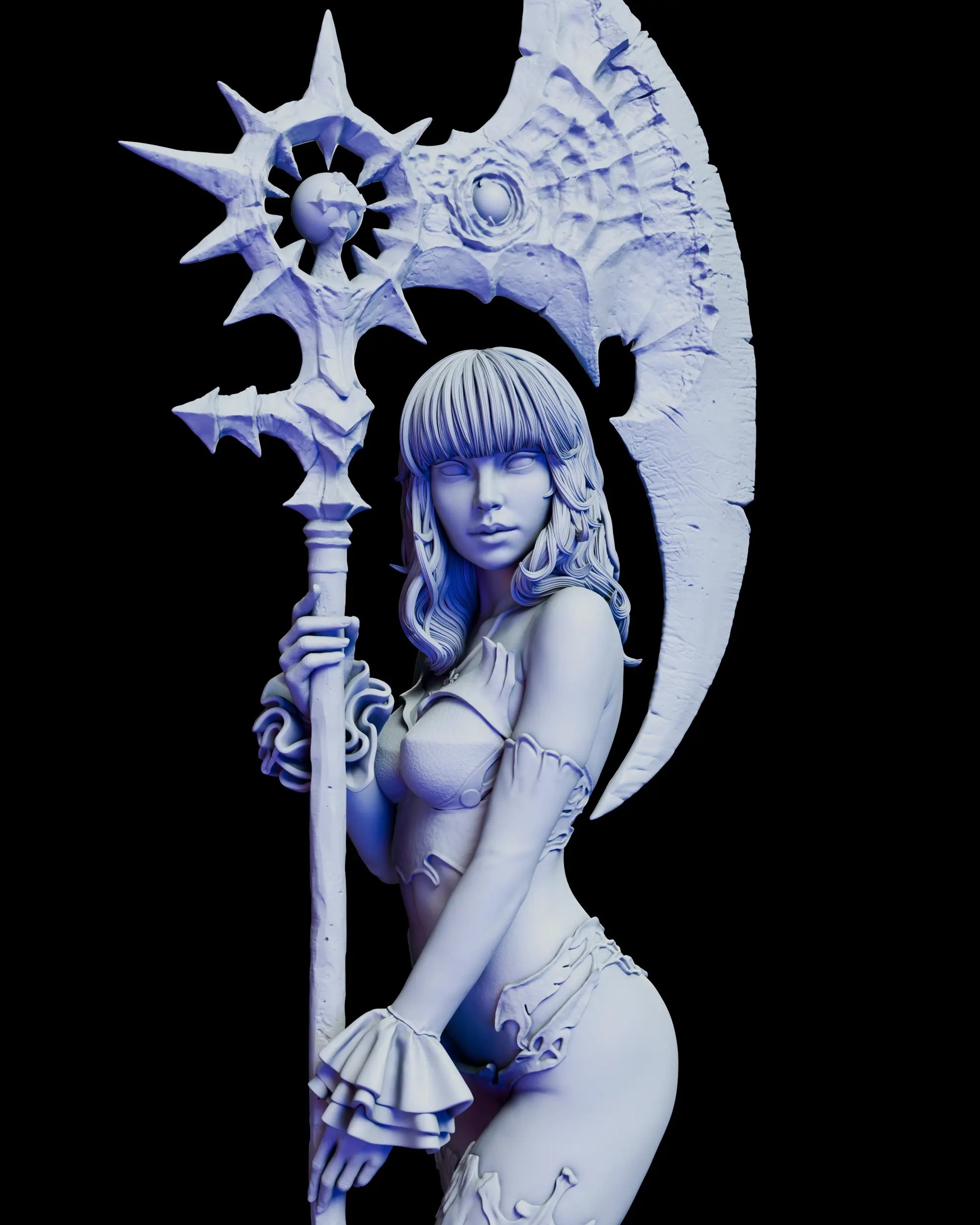 Close-up front view of Kaelira dark reaper warrior showing detailed facial features with flowing wavy hair, serene expression, elaborate crescent blade staff with spiked details, and ruffled armor accents in unpainted resin