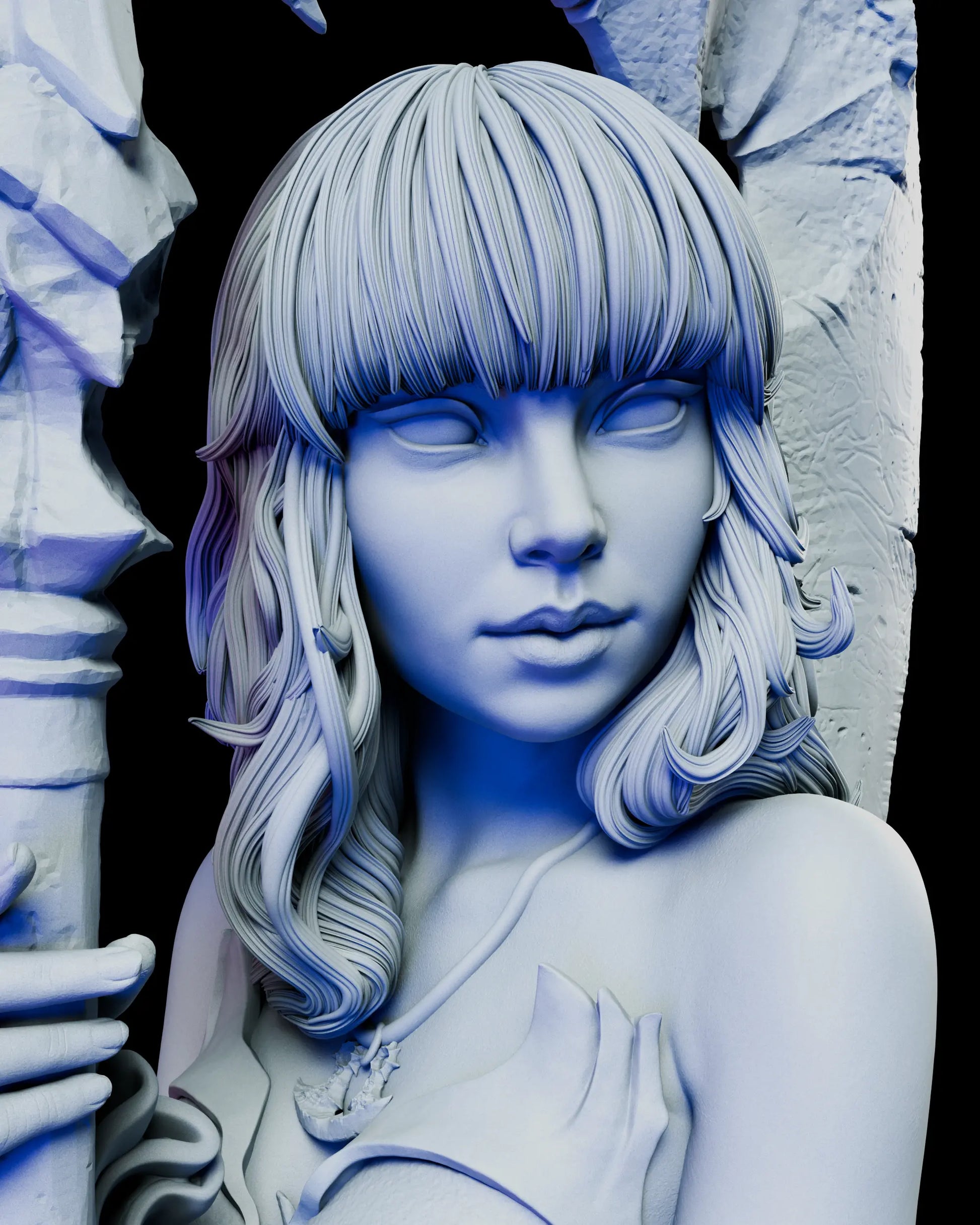 Close-up front view of Kaelira dark reaper warrior showing detailed facial features with flowing wavy hair, serene expression, elaborate crescent blade staff with spiked details, and ruffled armor accents in unpainted resin