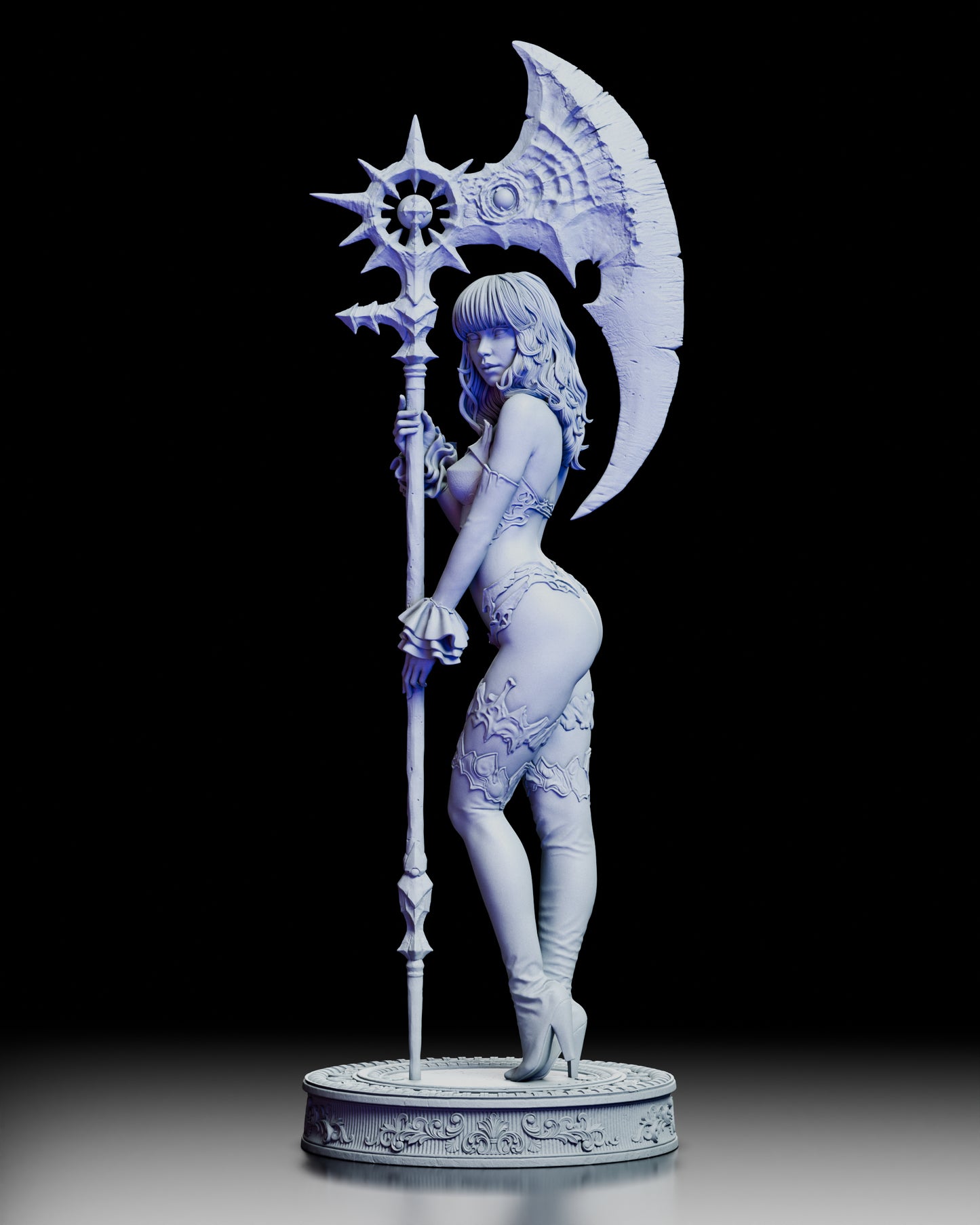 Kaelira dark reaper warrior figure model kit shown in full front view standing on decorative base, holding ornate crescent blade staff, wearing minimal fantasy armor with flowing hair and confident pose in unpainted resin