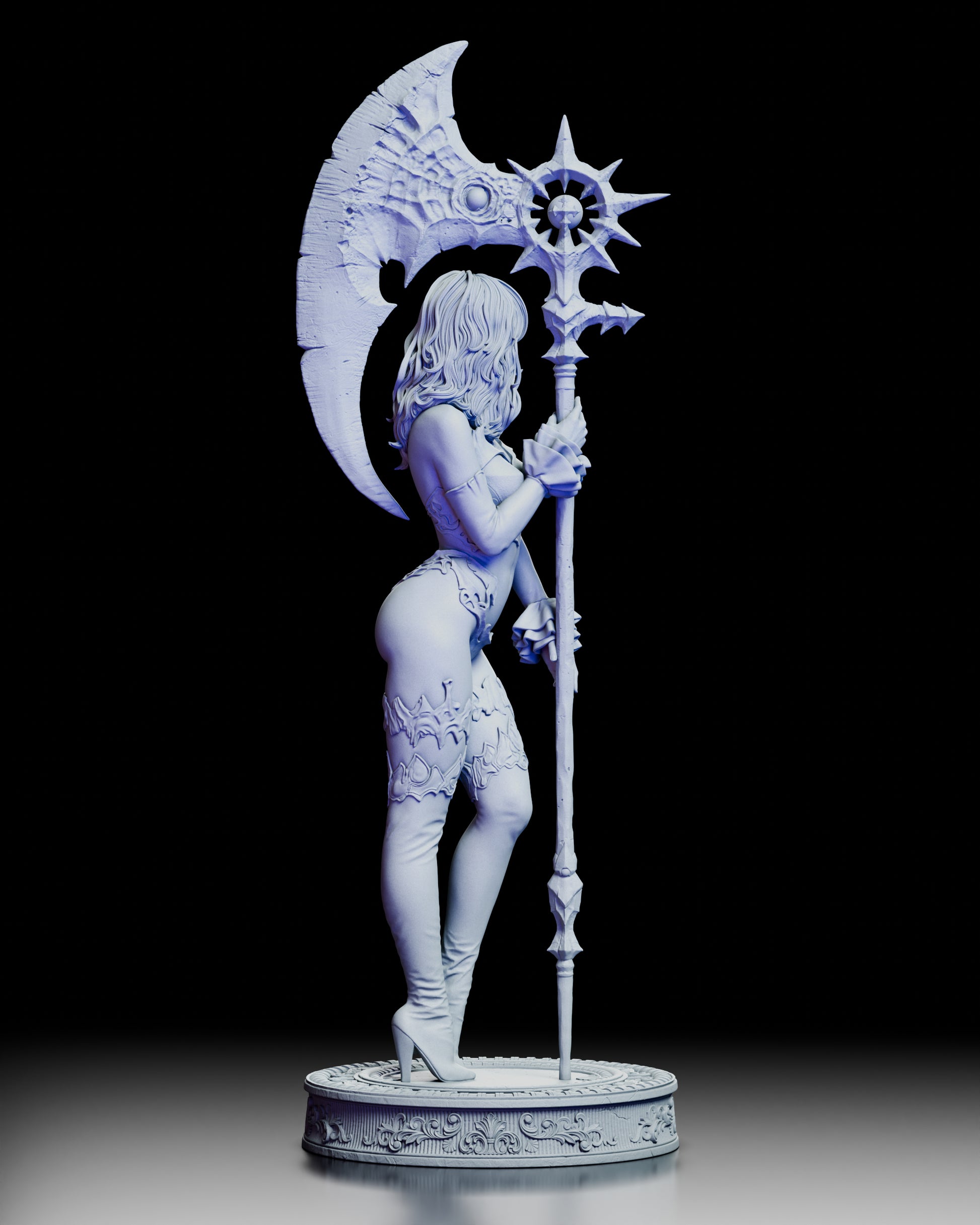 Full rear view of Kaelira dark reaper warrior figure showing back details, flowing wavy hair, minimal strappy armor, flame patterns on legs, high-heeled boots, and crescent blade staff in unpainted resin