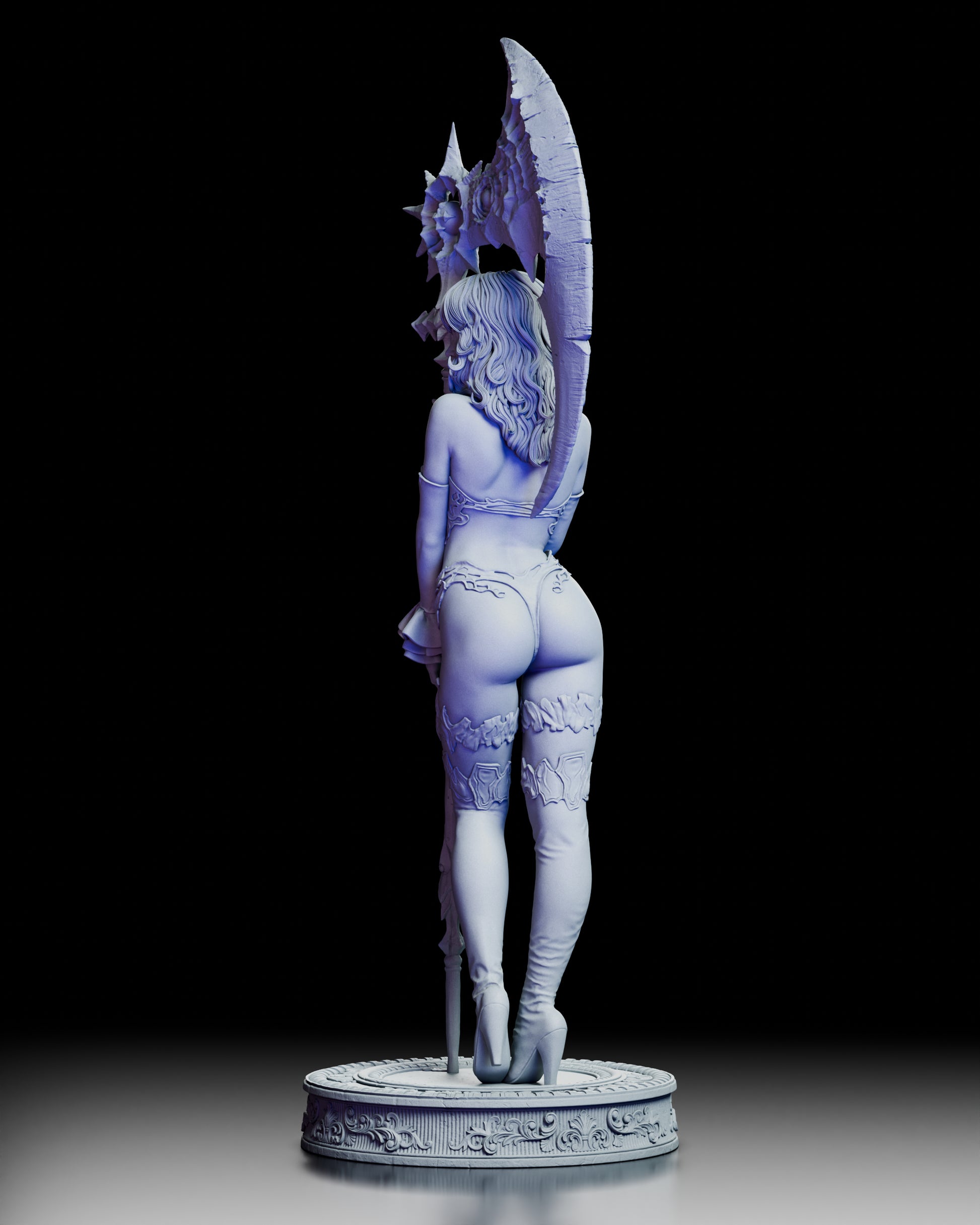 Side profile view of Kaelira dark reaper warrior figure displaying full silhouette, ornate crescent blade staff with intricate details, flowing hair, decorative armor elements, and commanding stance on detailed base