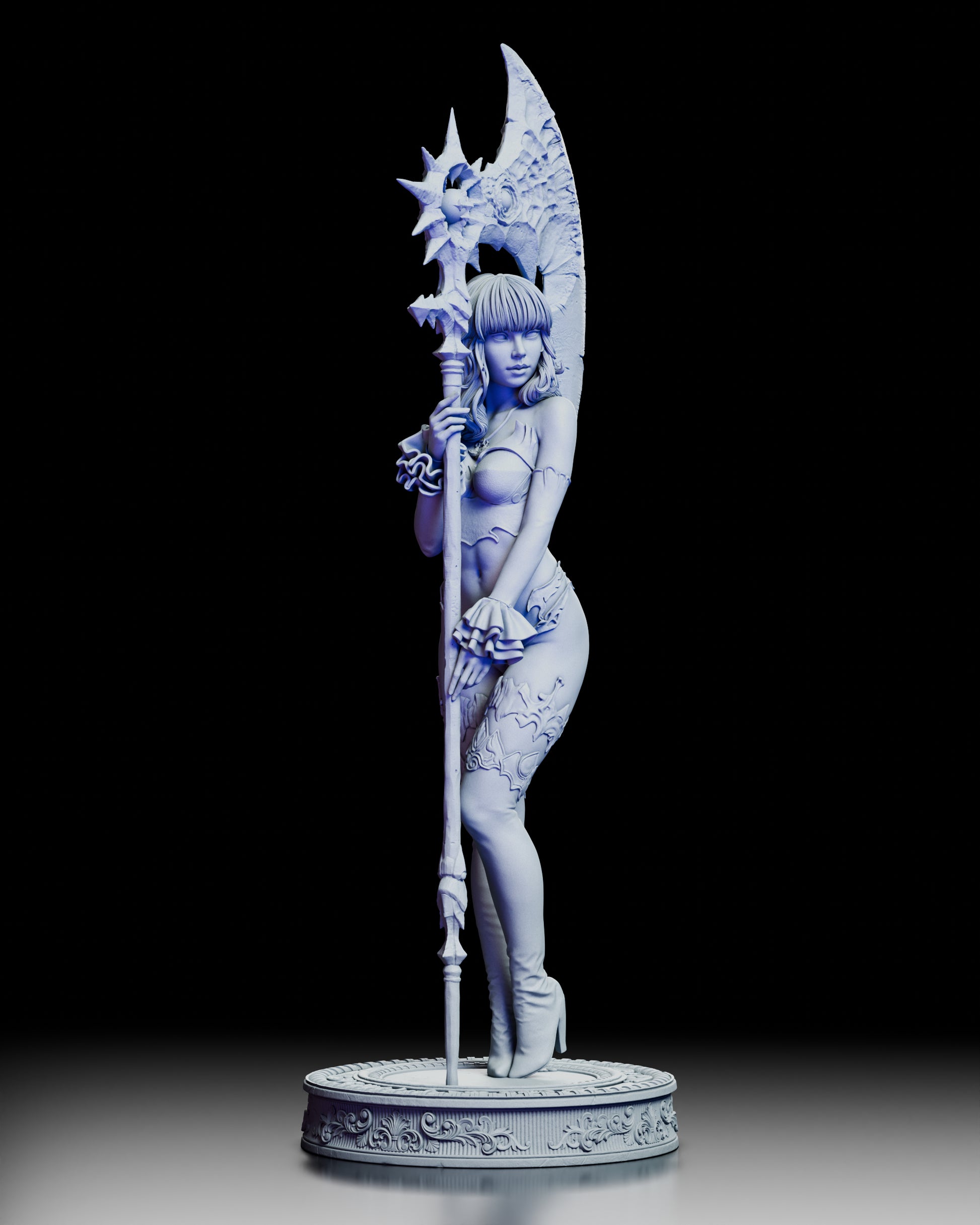 Three-quarter front view of Kaelira dark reaper warrior figure displaying confident stance, ornate crescent blade reaper staff, flame-patterned leg armor, ruffled hip accents, and decorative scrollwork base in unpainted resin