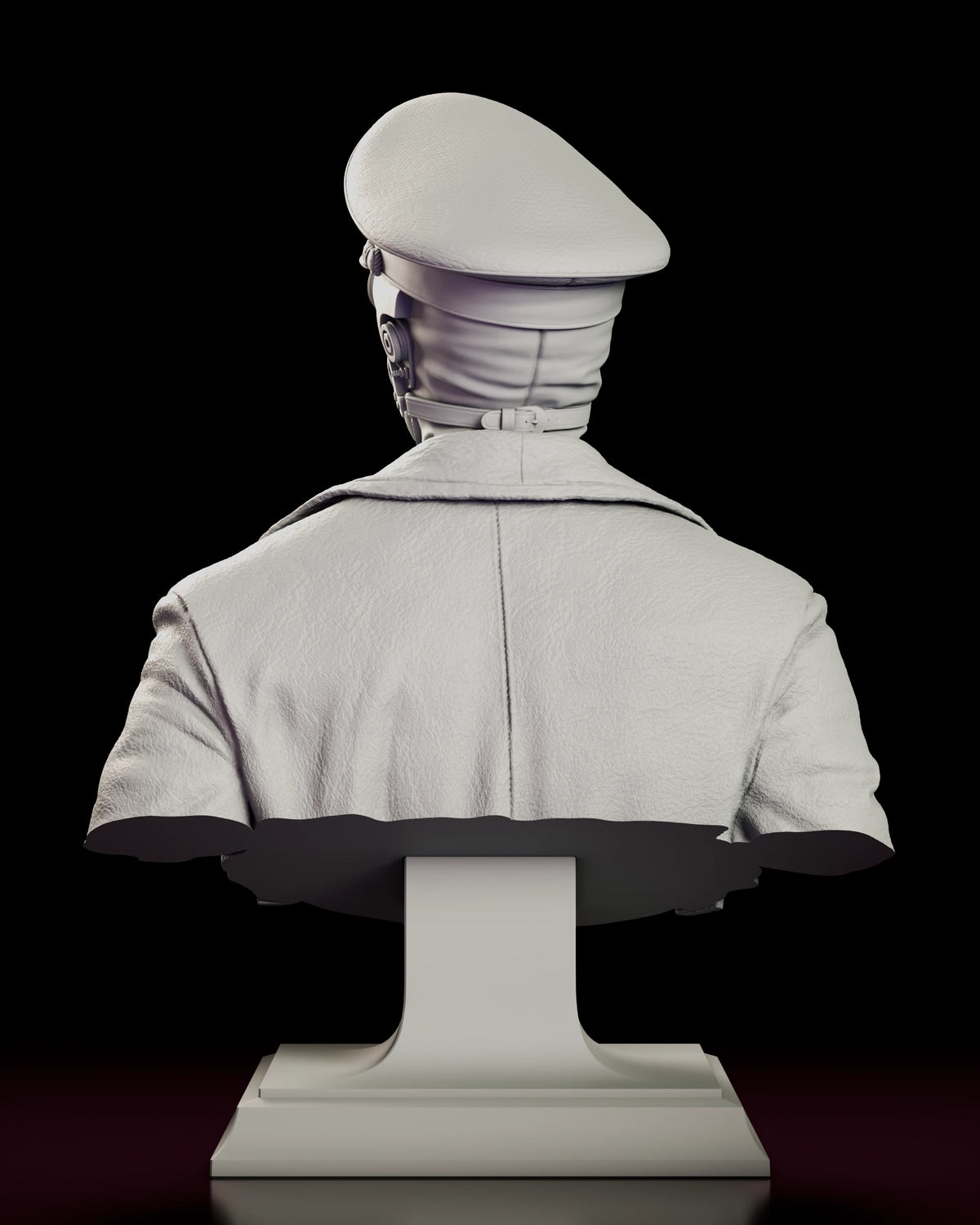 Rear view of the Karl Kroenen bust figure model kit showing the back of the cap and the greatcoat draped across the shoulders