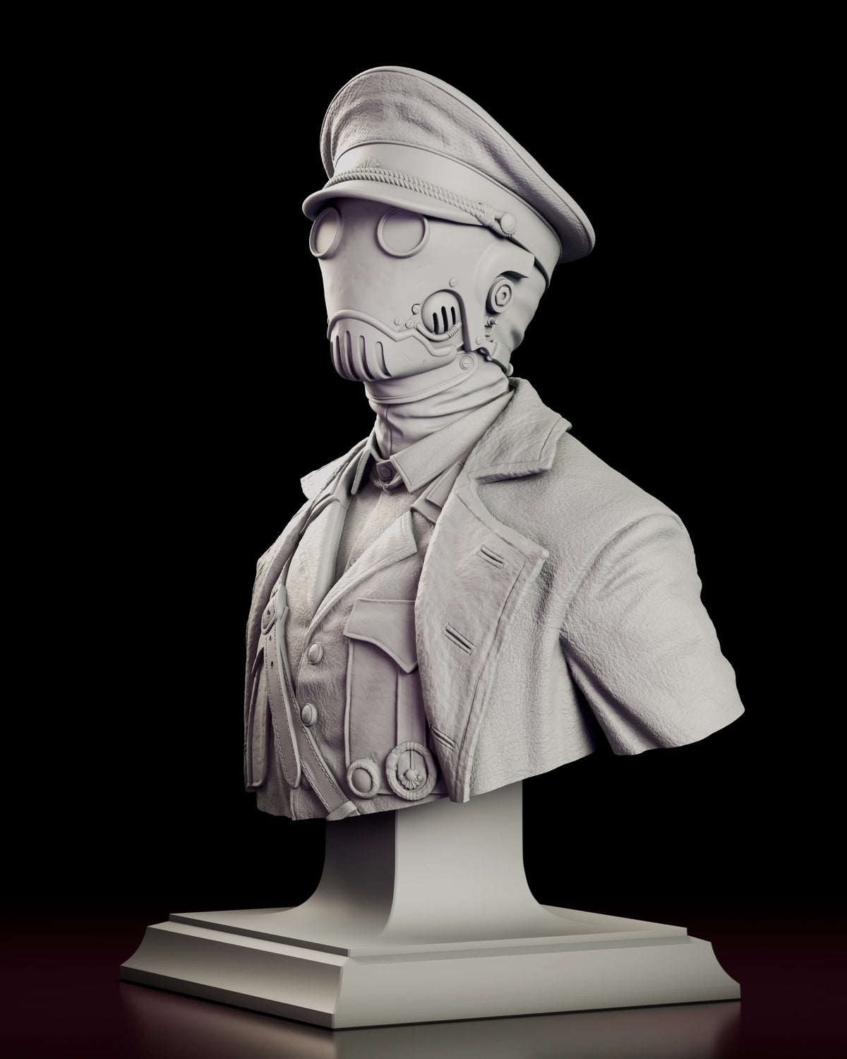 Left side view of the Karl Kroenen bust figure model kit showing the cap brim and the cross strap running across the chest