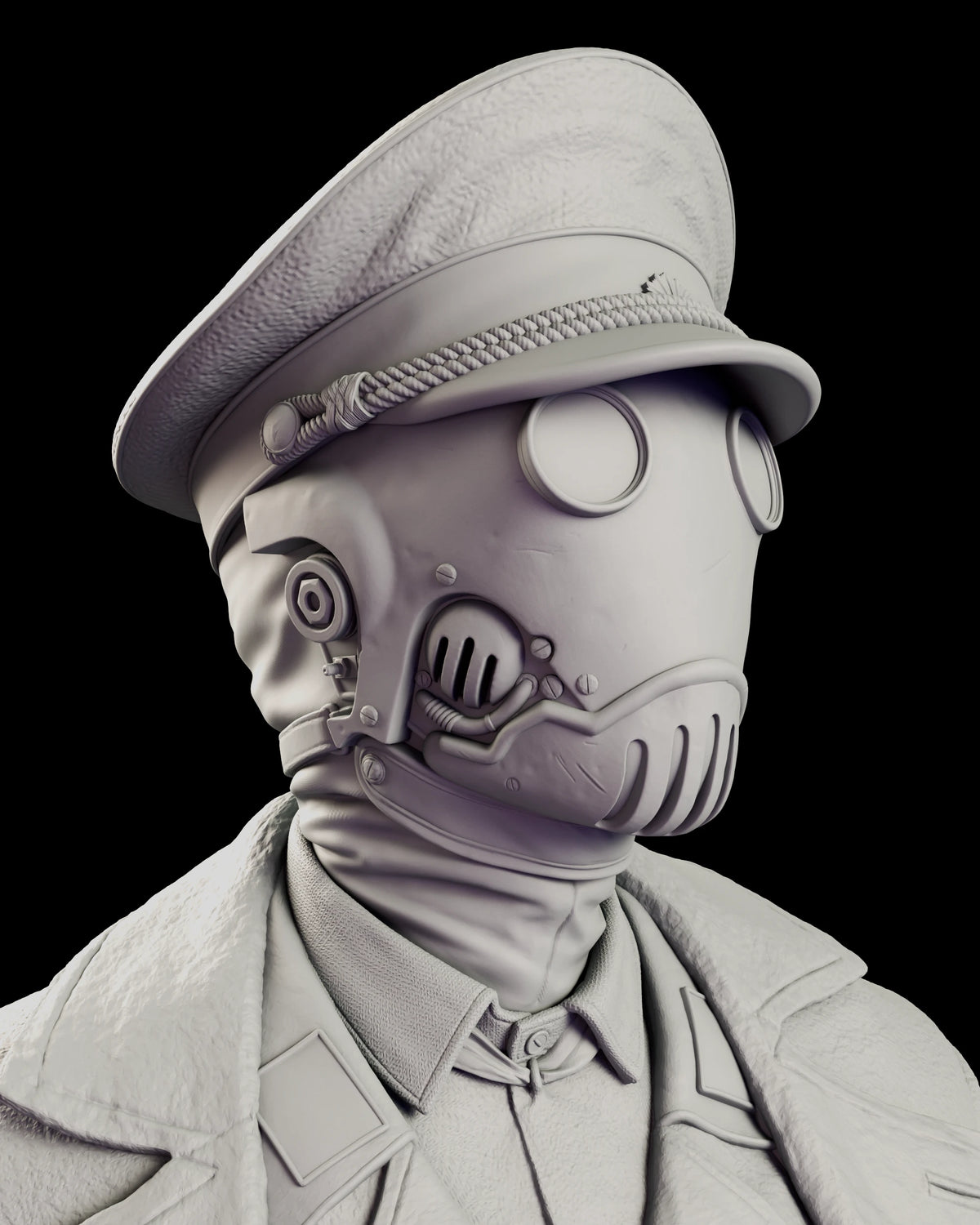 Close study of the Kroenen mask showing the blank circular lens plates, fluted breathing grille and hinge fittings beneath the braided cap cord