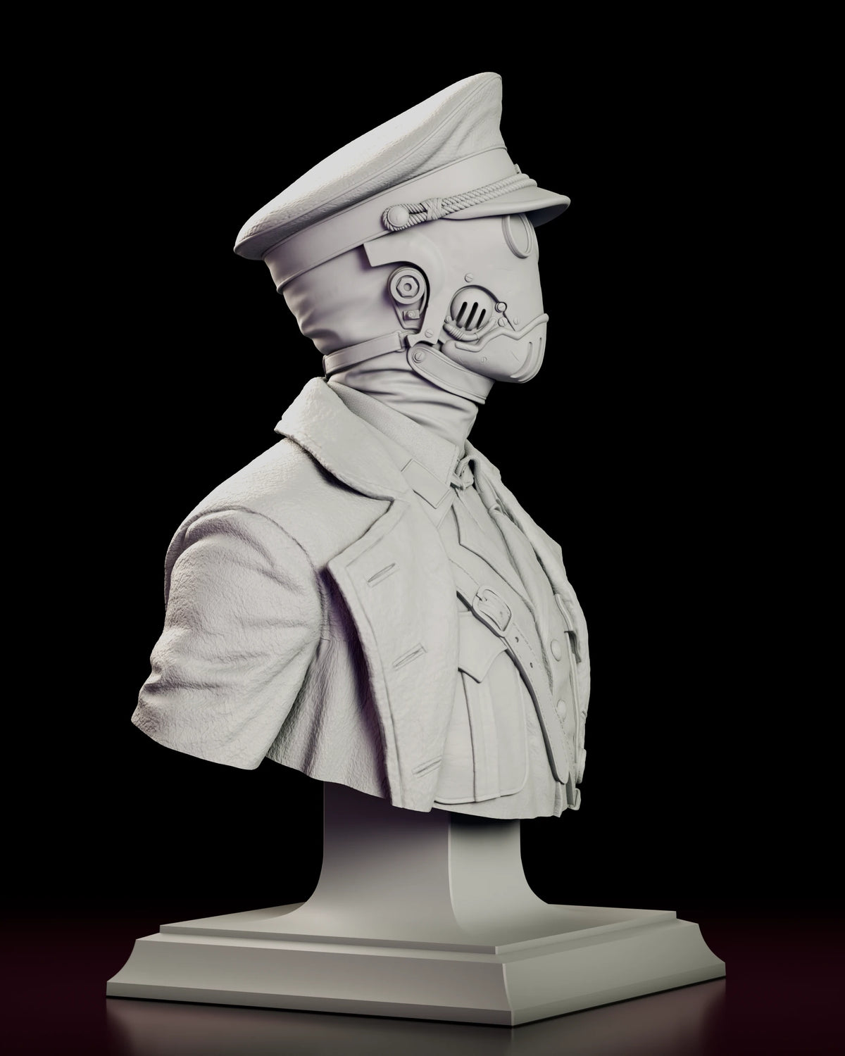 Right side view of the Karl Kroenen bust figure model kit showing the mask fittings and the fall of the greatcoat over the shoulder