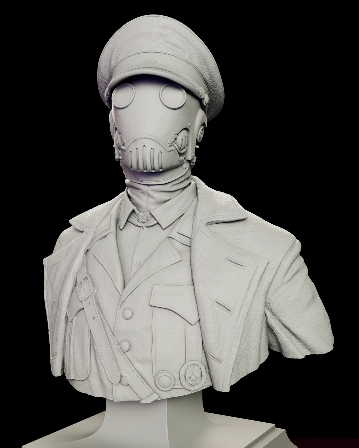Angled detail of the Karl Kroenen bust showing the cross strap buckled over the tunic and the greatcoat collar standing at the shoulders