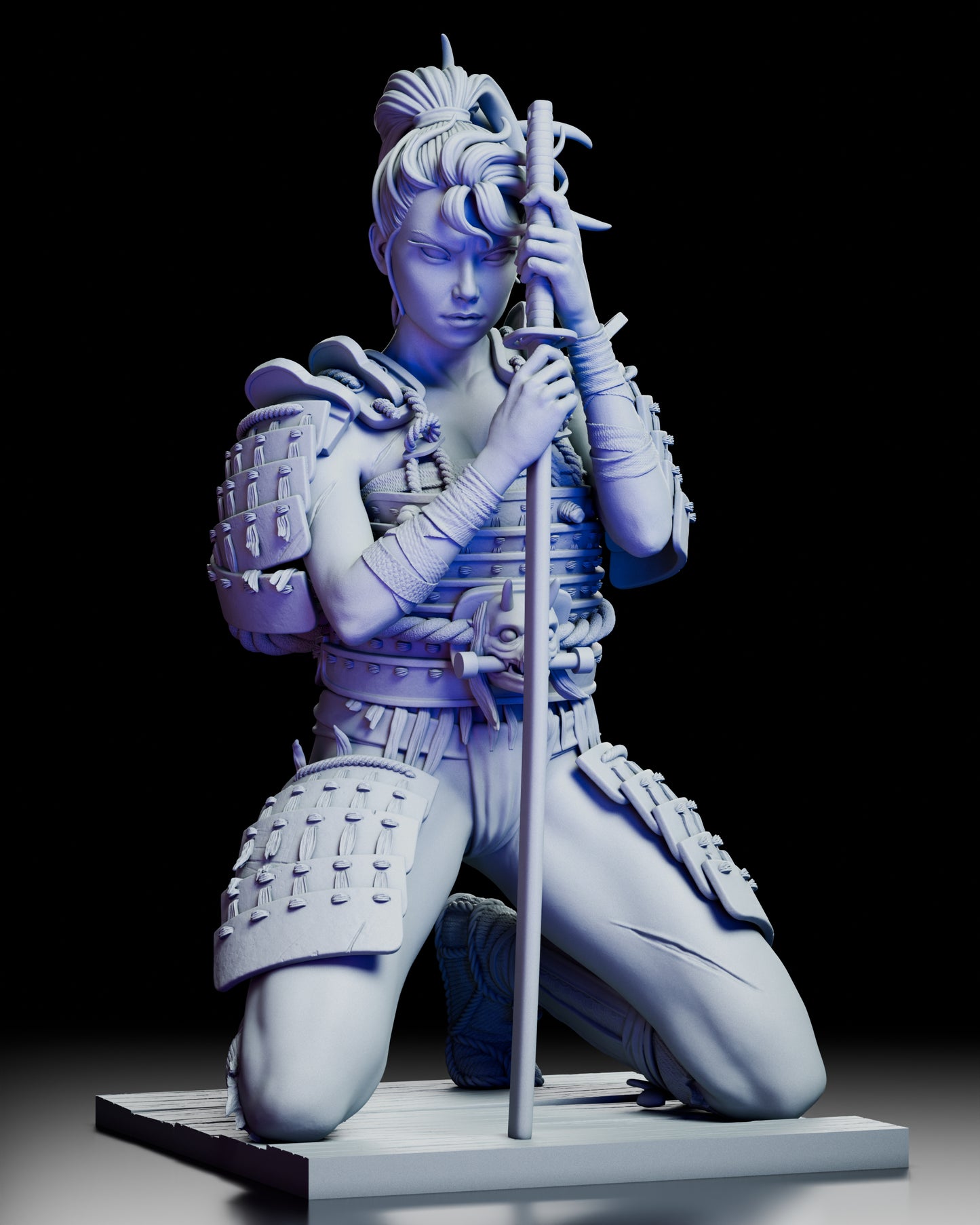 Front view of the Kinjo figure kit featuring the solemn kneeling pose with hands resting on a grounded katana.