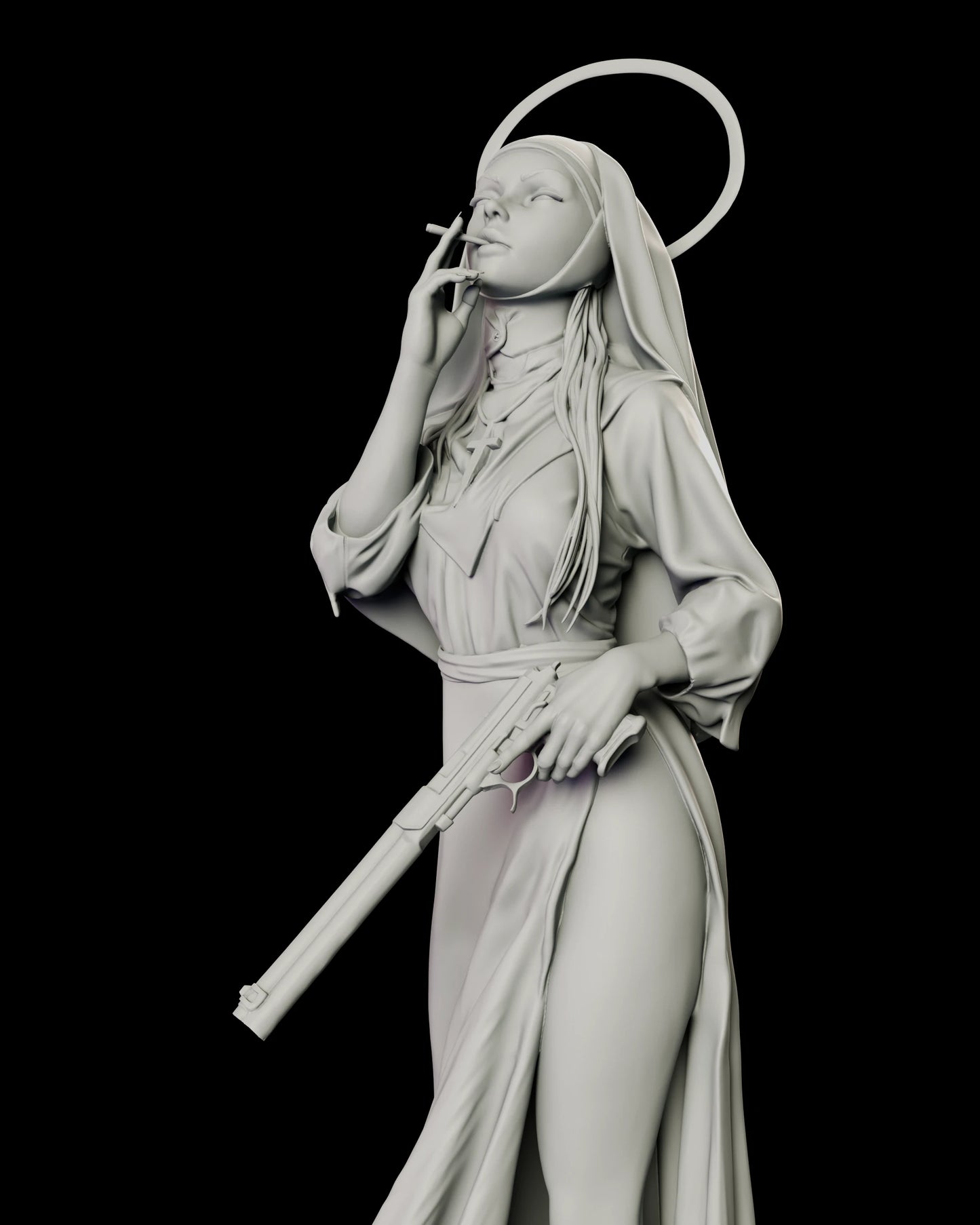 Upper body detail of Sister Mercy holding a cigarette to her lips with one hand while a long-barrelled suppressed pistol hangs at her hip in the other.