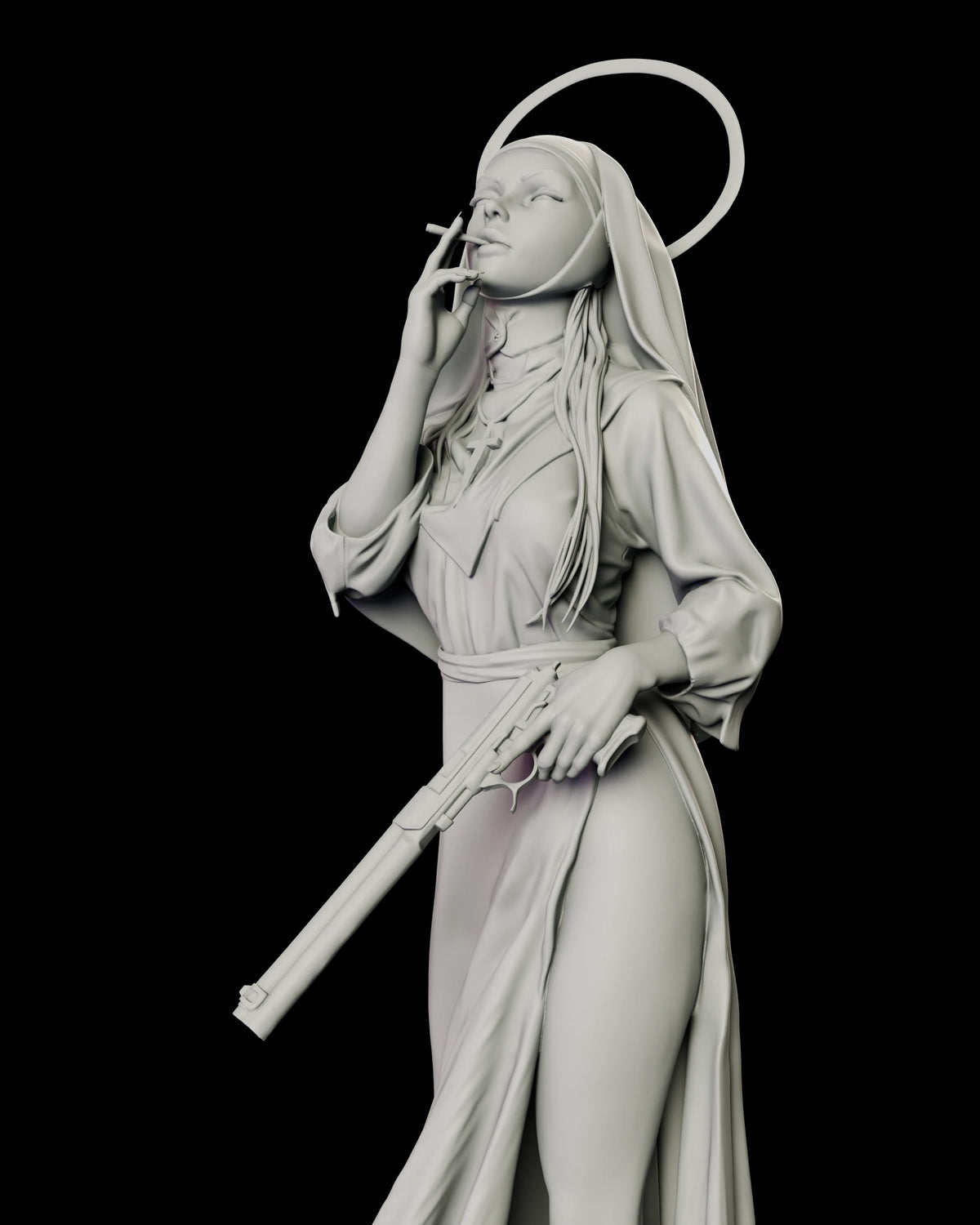 Upper body detail of Sister Mercy holding a cigarette to her lips with one hand while a long-barrelled suppressed pistol hangs at her hip in the other.