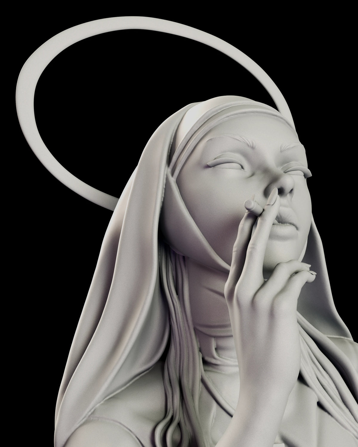 Close portrait of Sister Mercy with half-lidded eyes and her head tipped back, the open halo ring floating behind her veil and long hair.