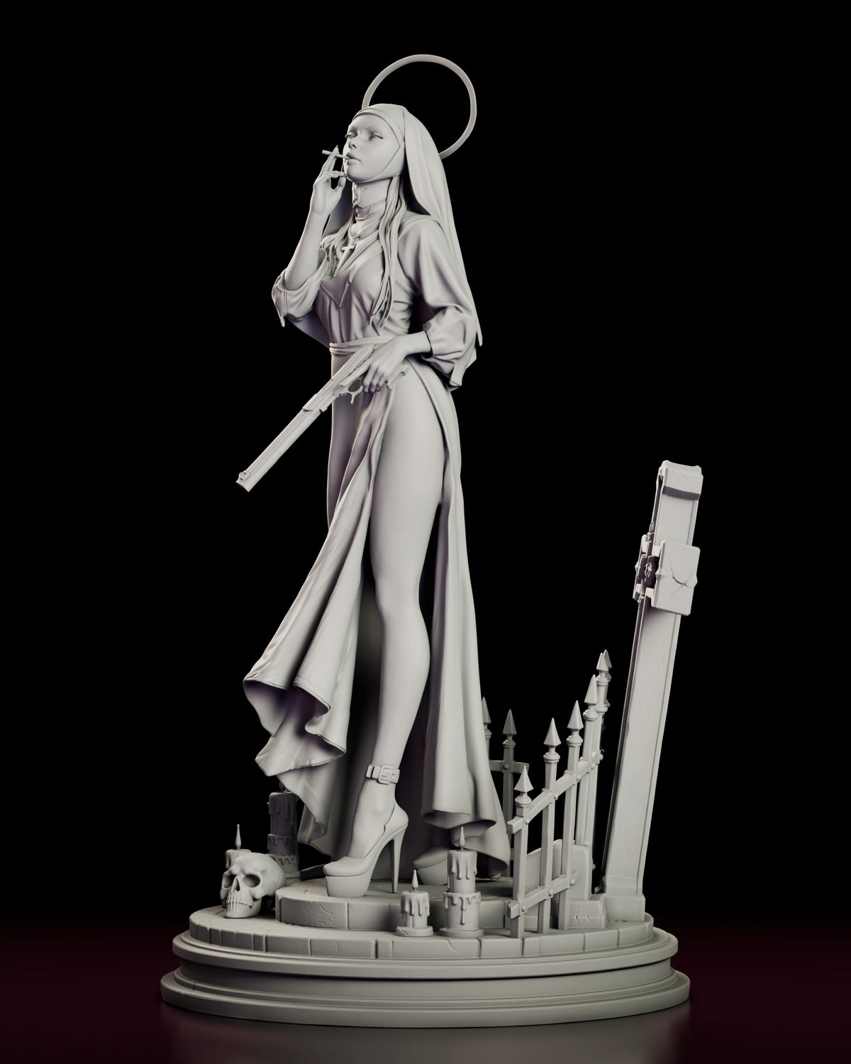 Left side view of the Sister Mercy figure model kit, showing the high slit of the habit and the drapery running into the train.