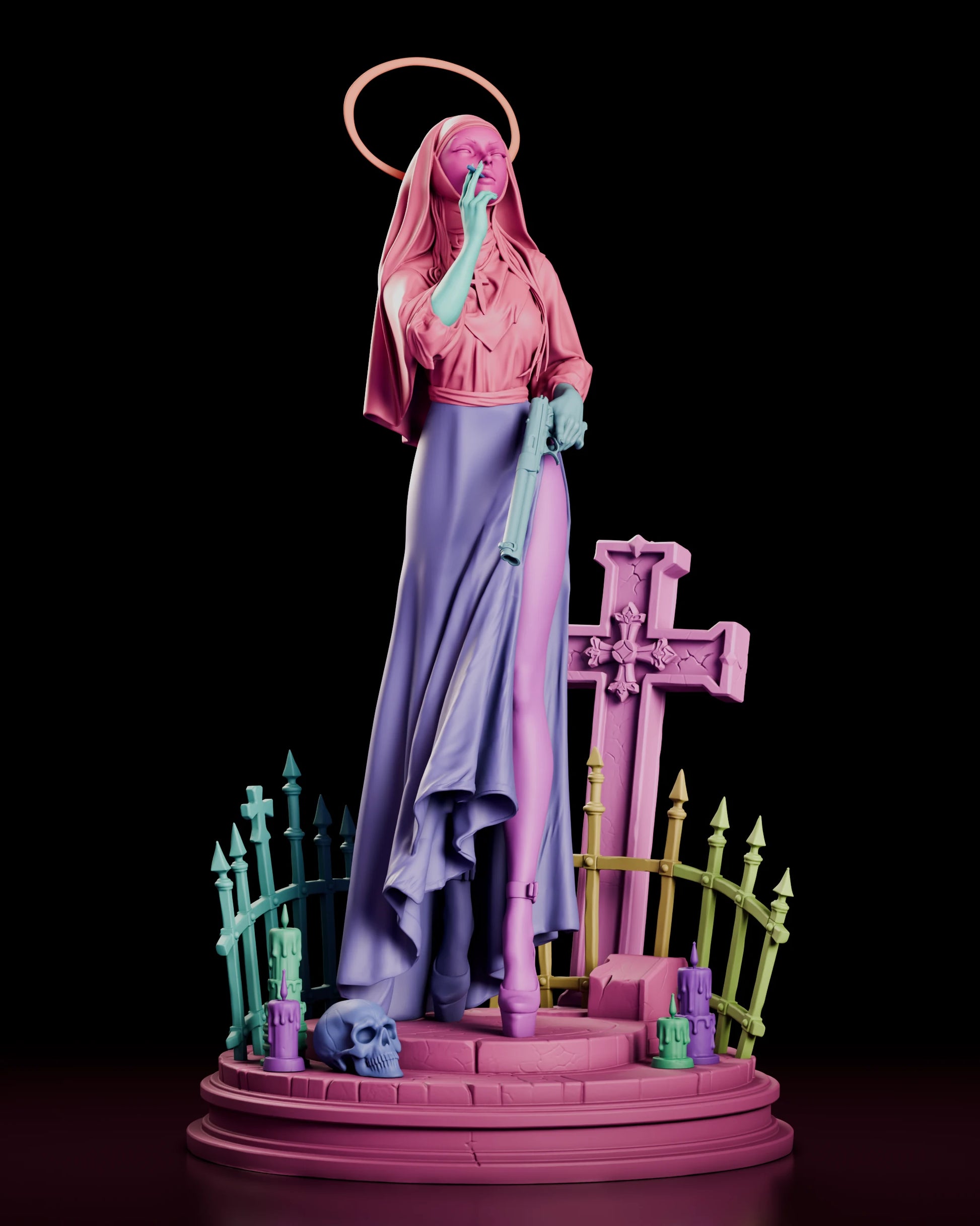 Parts breakdown render of the Sister Mercy figure model kit, each separately cast component picked out in a different colour.