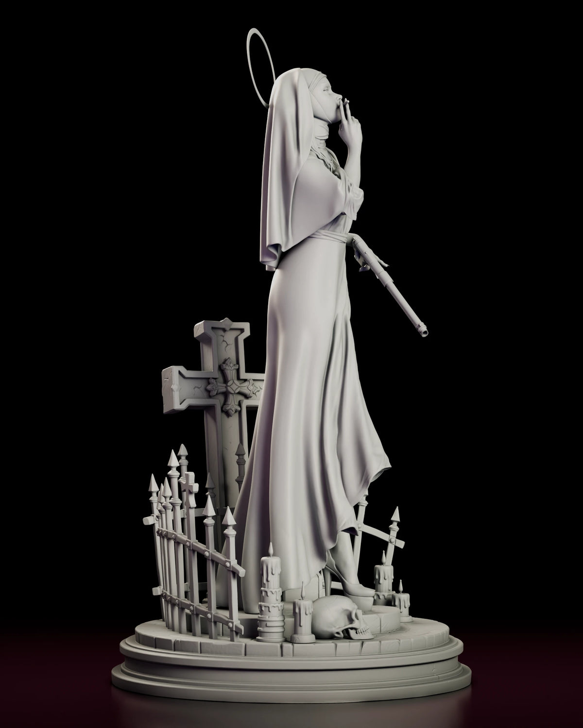 Right side view of the Sister Mercy figure model kit, showing the fall of the veil and the weathered gothic cross behind her shoulder.