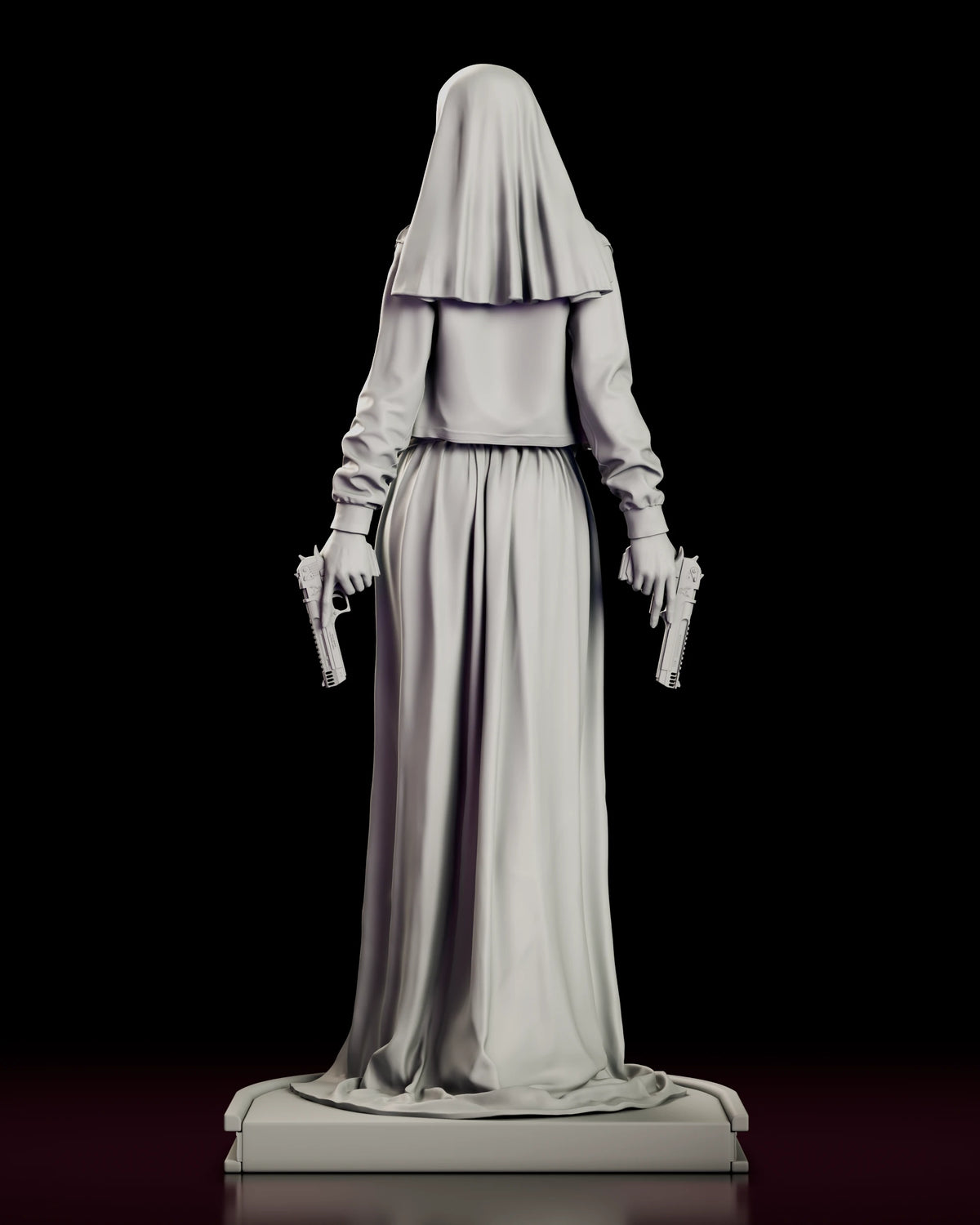 Rear view of the Sister Grace figure model kit, showing the full drop of the veil, the waist-length jacket and the train of the skirt pooling across the plinth.