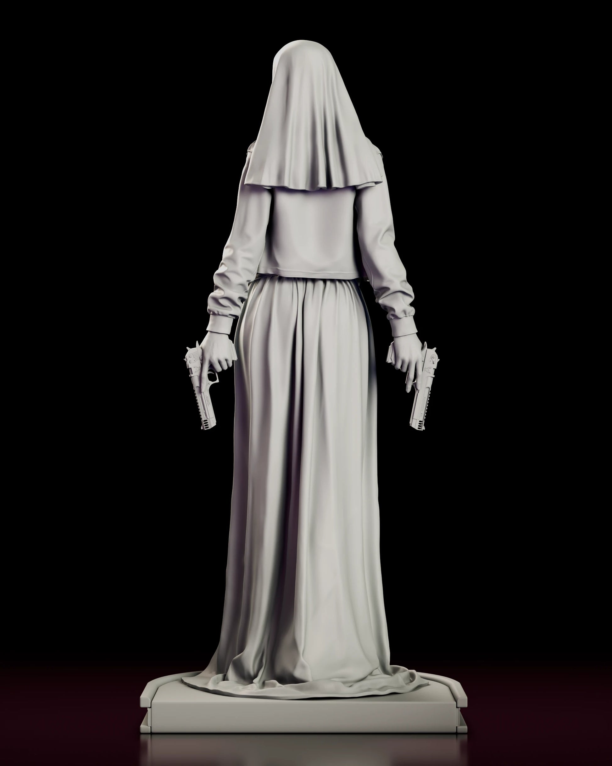 Rear view of the Sister Grace figure model kit, showing the full drop of the veil, the waist-length jacket and the train of the skirt pooling across the plinth.
