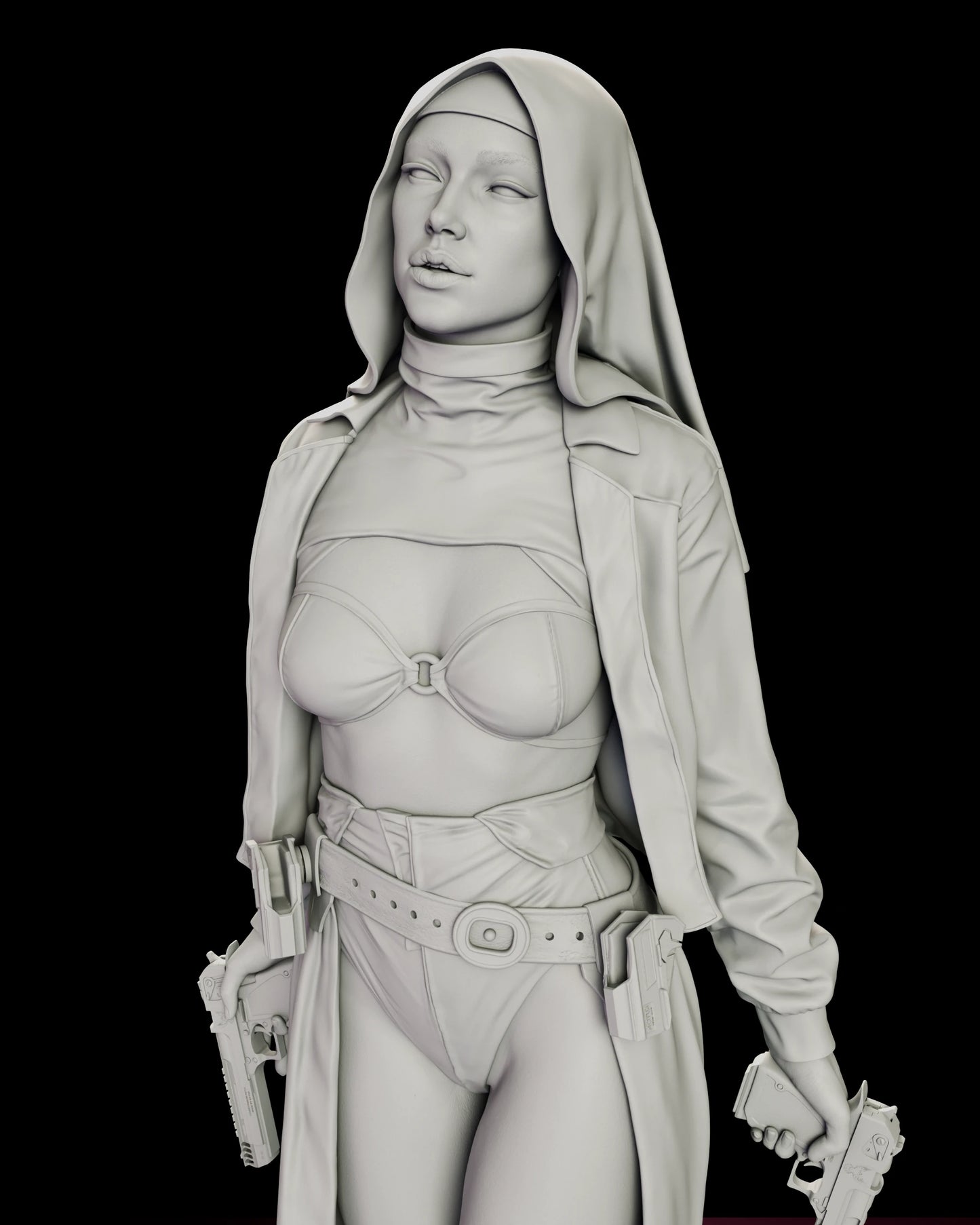 Upper body detail of Sister Grace showing the veil over a high collar, the ringed bandeau top under a cropped open jacket, and the wide belt with a magazine pouch at each hip.