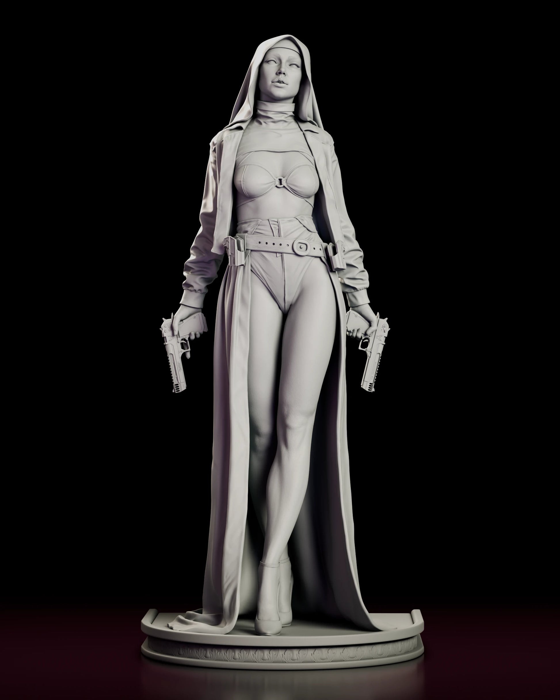 Front view of the Sister Grace resin figure standing on an oval plinth with a pistol lowered in each hand and the long skirt panels falling to either side.
