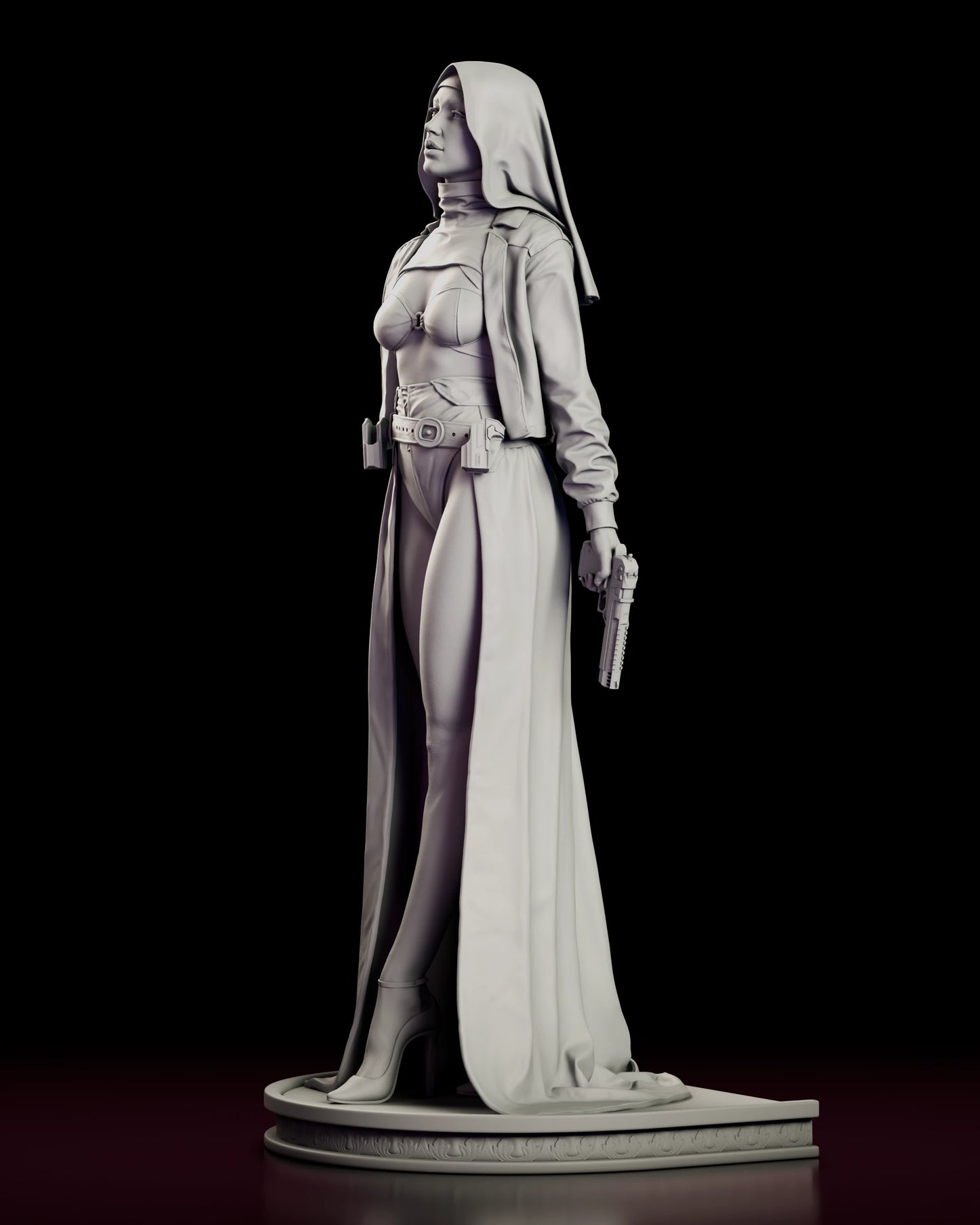 Left side view of the Sister Grace figure model kit, showing the cropped jacket, the belt pouches at her hip, the heeled boots and the lowered pistol at her side.