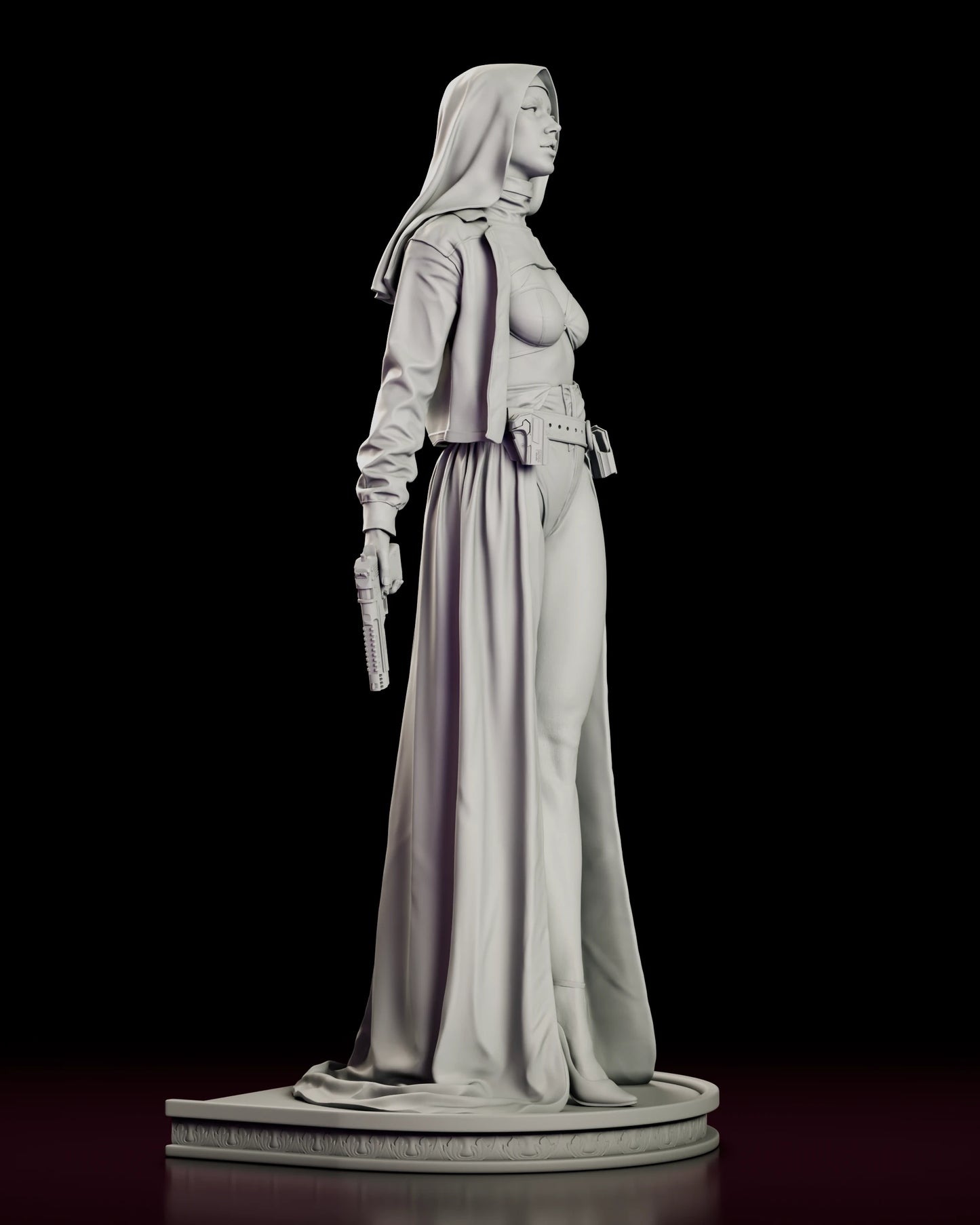 Right side view of the Sister Grace figure model kit, showing the fall of the veil and the long skirt panel running from the waist down to the base.