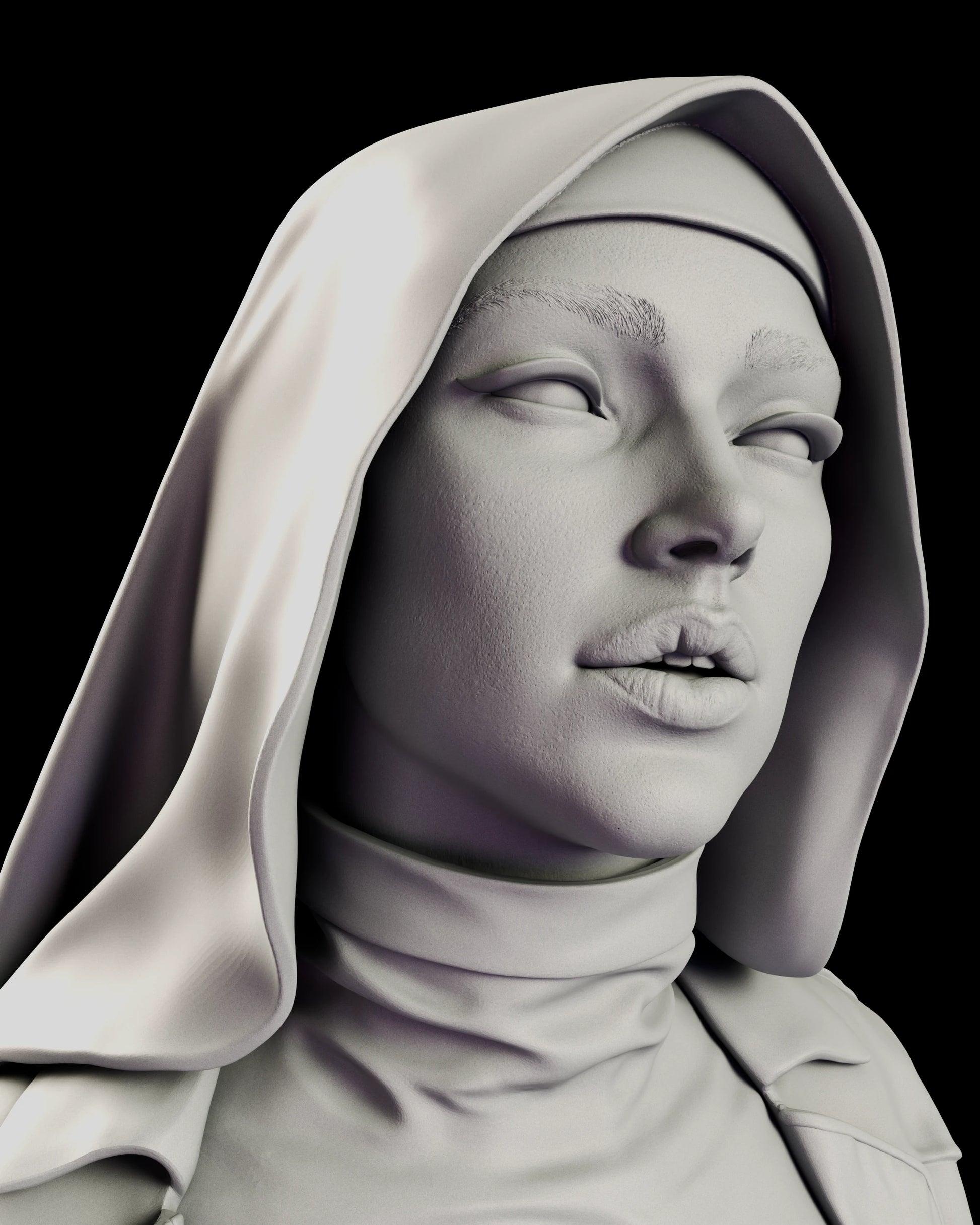 Close portrait of Sister Grace with her chin lifted and her eyes half-closed beneath a veil falling to her shoulders.
