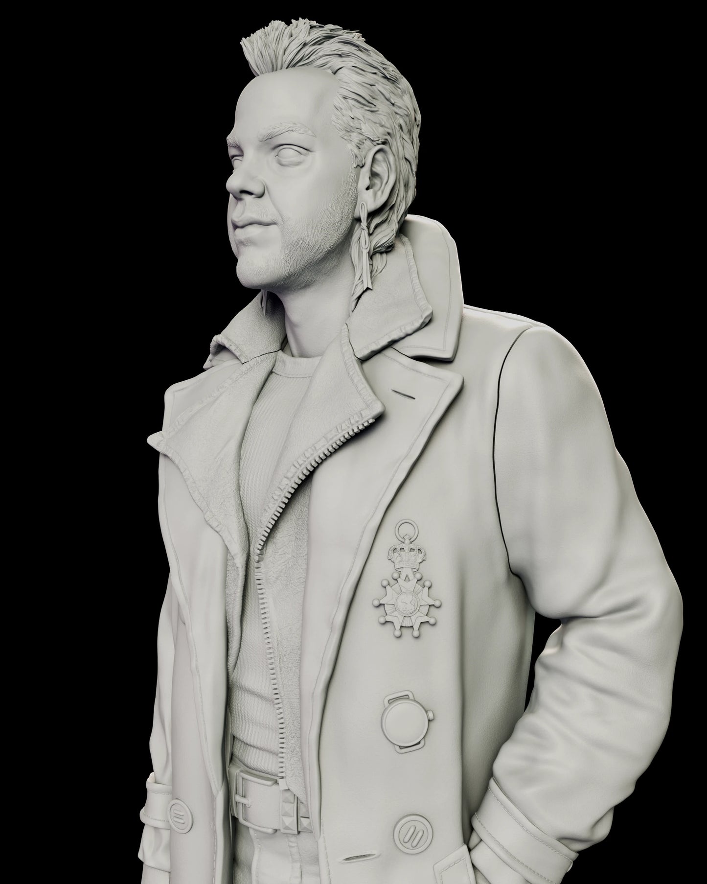 Upper body detail of the David figure model kit showing the shearling collar, the crowned medal pinned to the coat and the drop earring hanging at the jaw