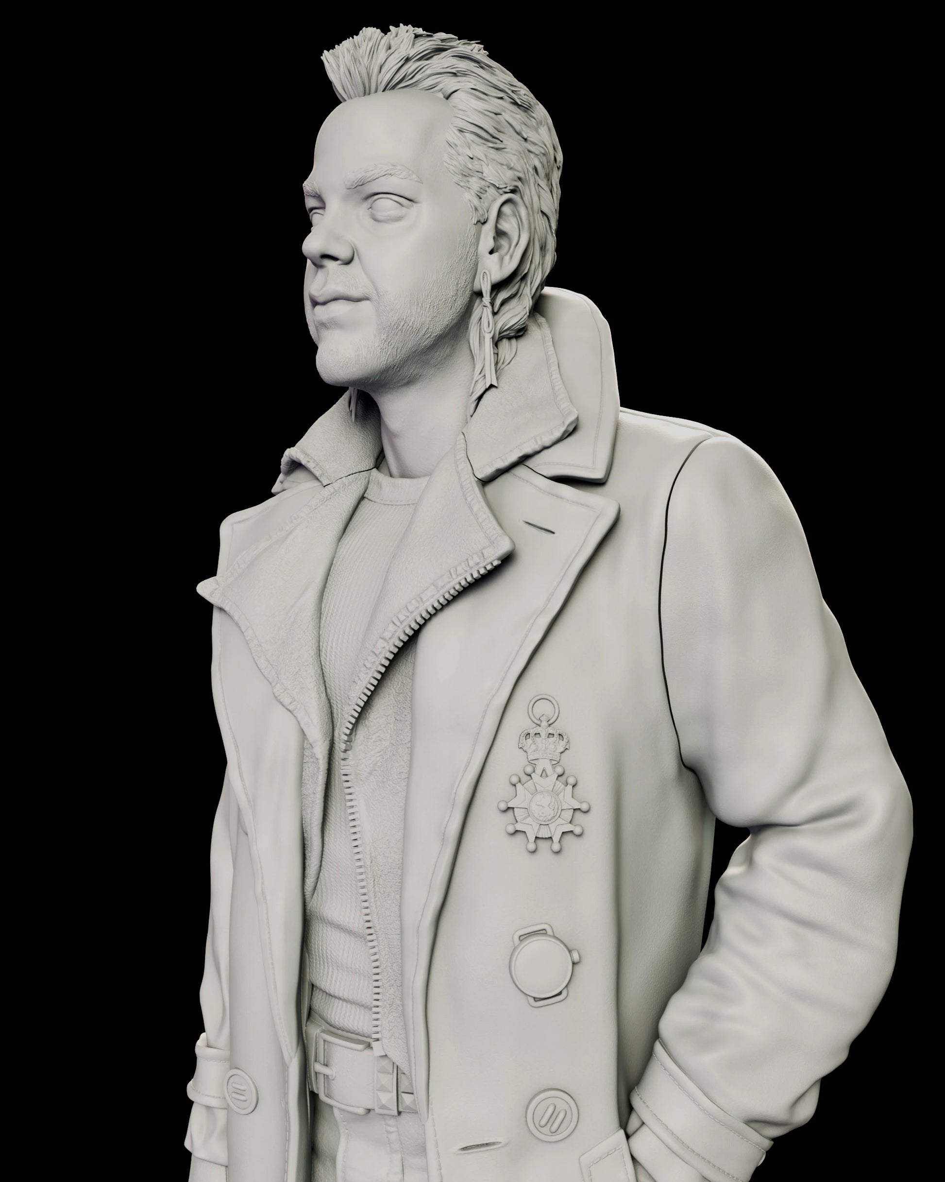 Upper body detail of the David figure model kit showing the shearling collar, the crowned medal pinned to the coat and the drop earring hanging at the jaw