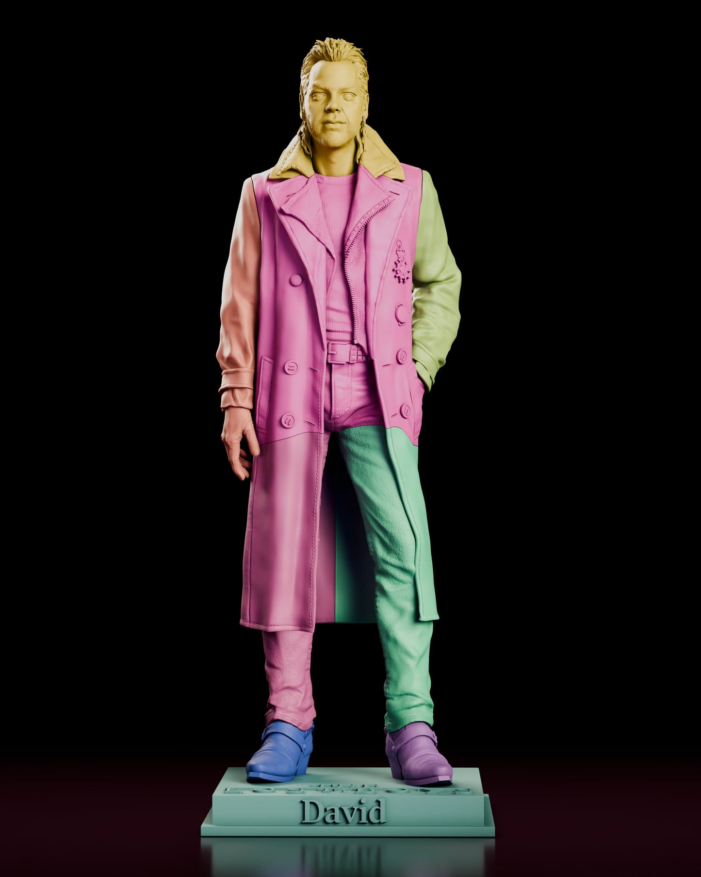 Parts breakdown render of the David figure model kit showing the head, coated torso, both arms, both legs and the base as separate components
