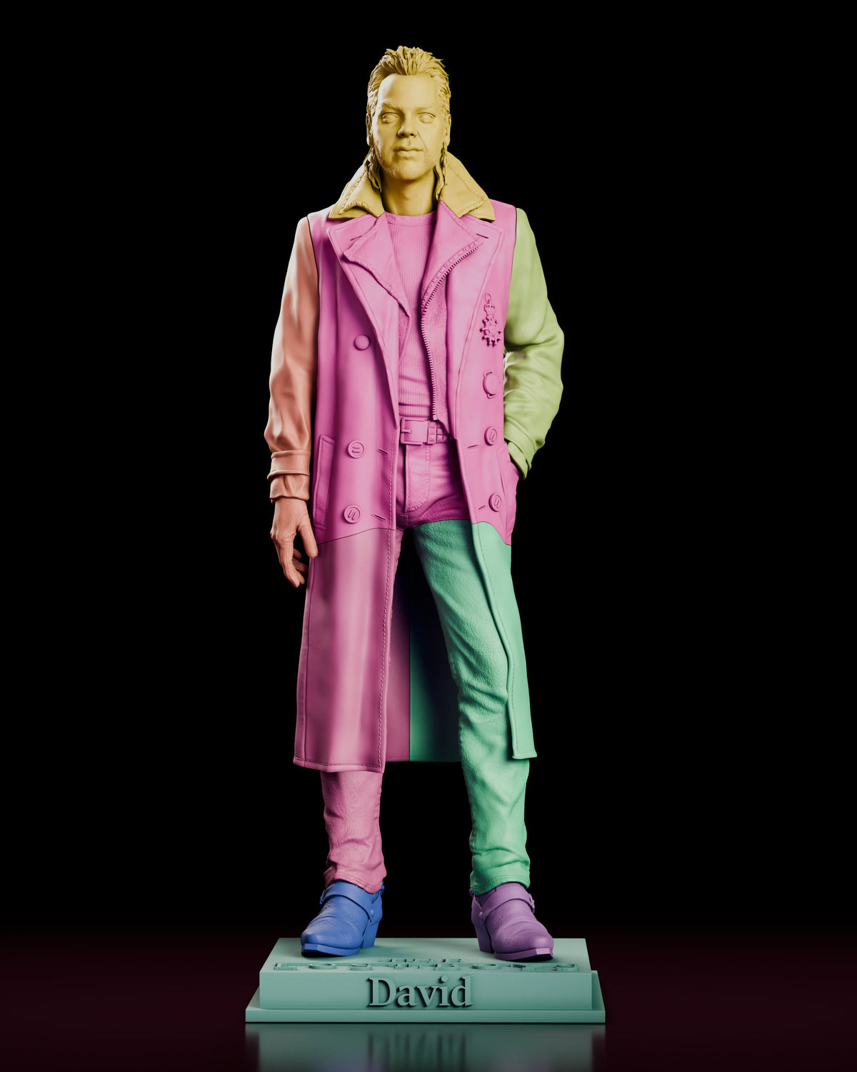Parts breakdown render of the David figure model kit showing the head, coated torso, both arms, both legs and the base as separate components