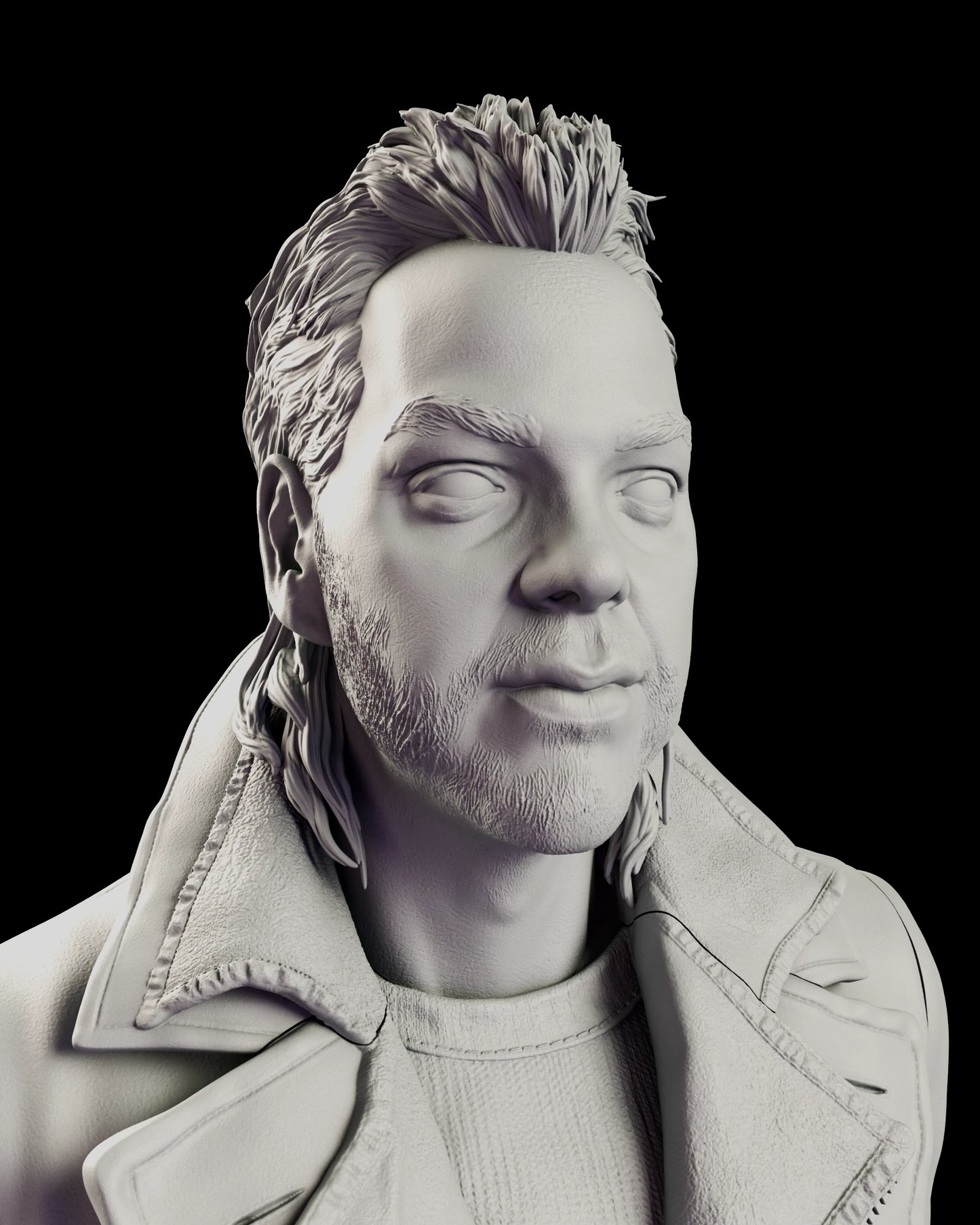 Portrait of the David figure model kit with the chin lifted, the eyes hooded and the spiked mullet swept back from the face