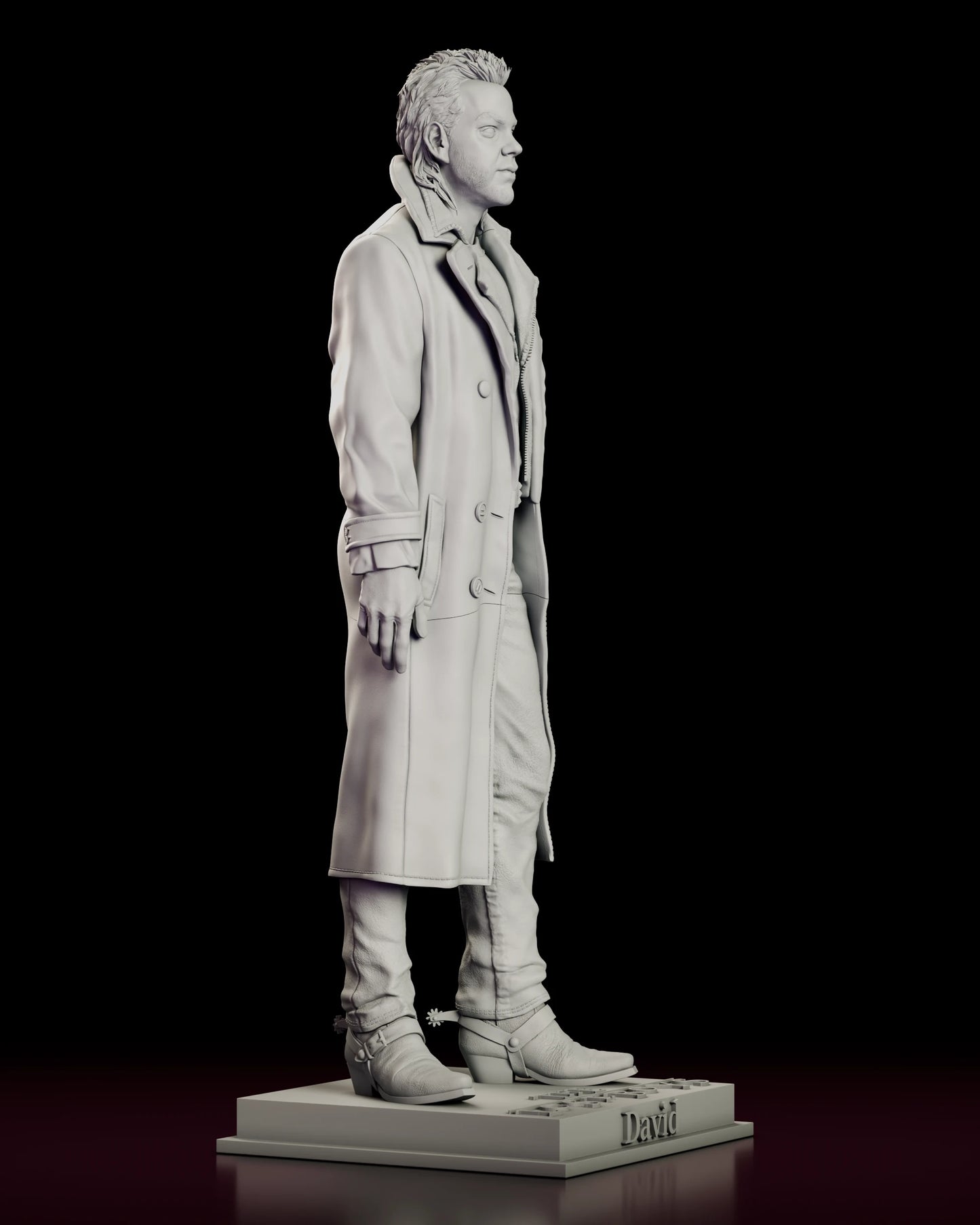 Right side view of the David figure model kit showing the free hand hanging loose and the spurred harness boots below the coat