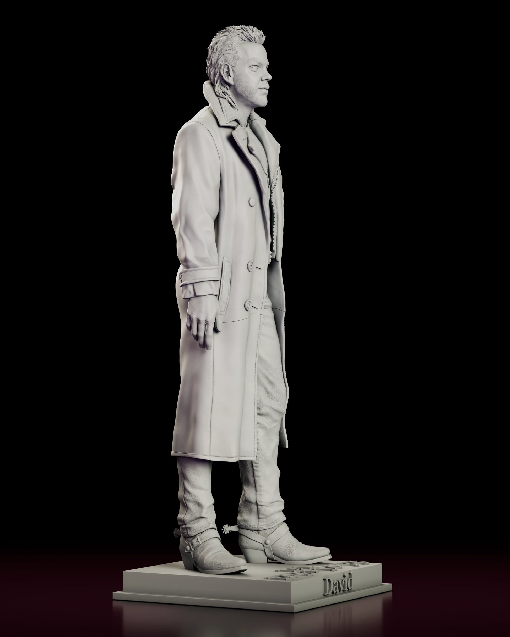 Right side view of the David figure model kit showing the free hand hanging loose and the spurred harness boots below the coat