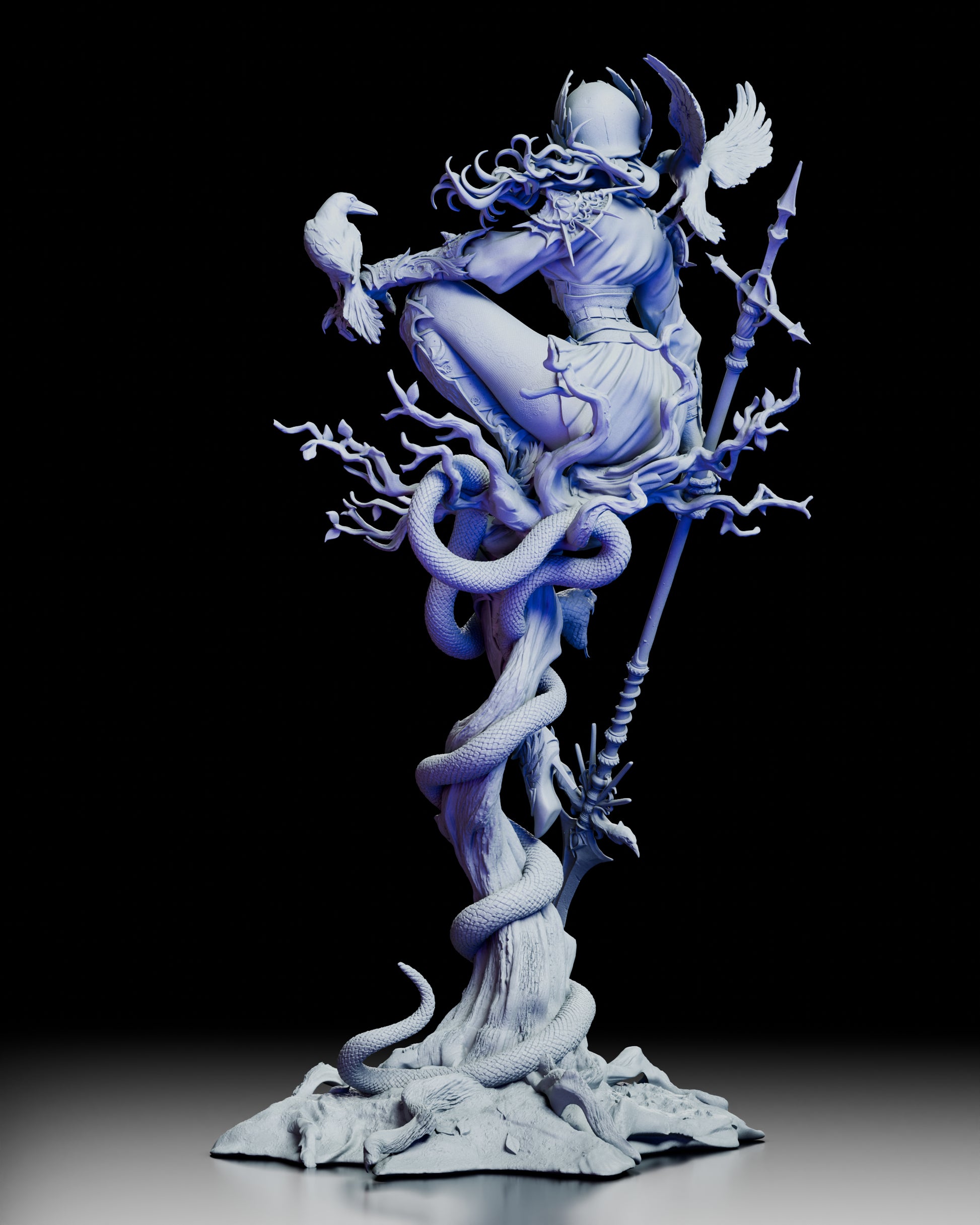 The back of the Queen of Crows resin model kit, showing the flowing hair, detailed armor, and a snake coiling around the tree.