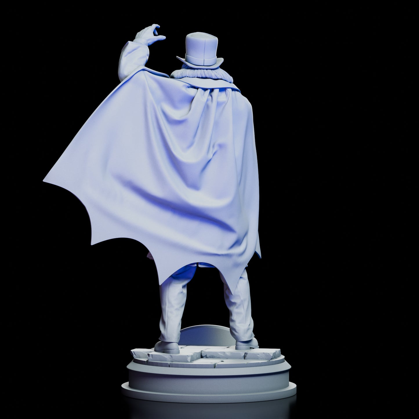 The back of the London After Midnight Professor Burke resin kit, highlighting the sculptural detail of his cloak.