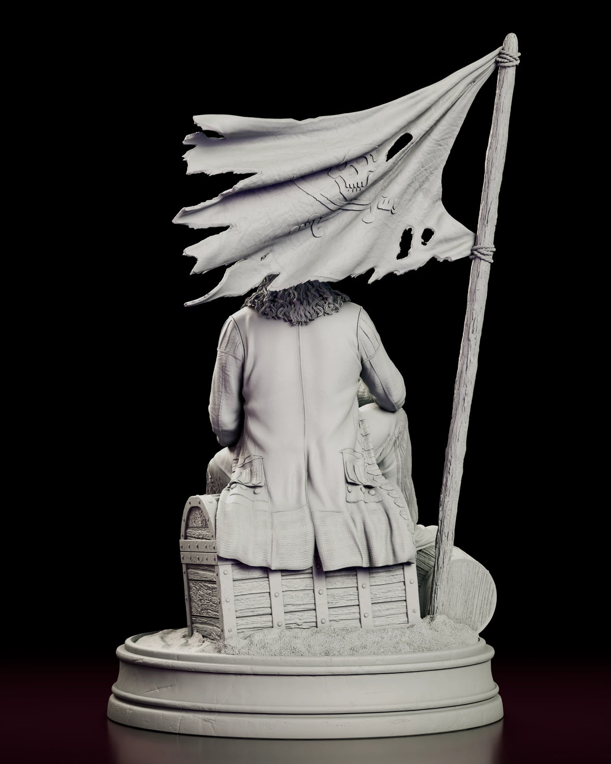 Rear view of the Long John Silver figure model kit showing the long coat skirts, the chest and the flag with its skull device