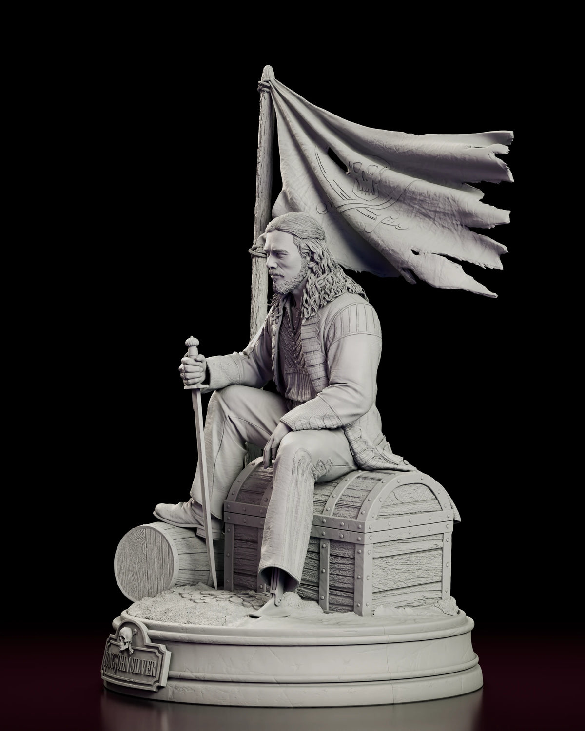 Left side view of the Long John Silver resin model showing the cutlass, the domed chest lid and the torn flag