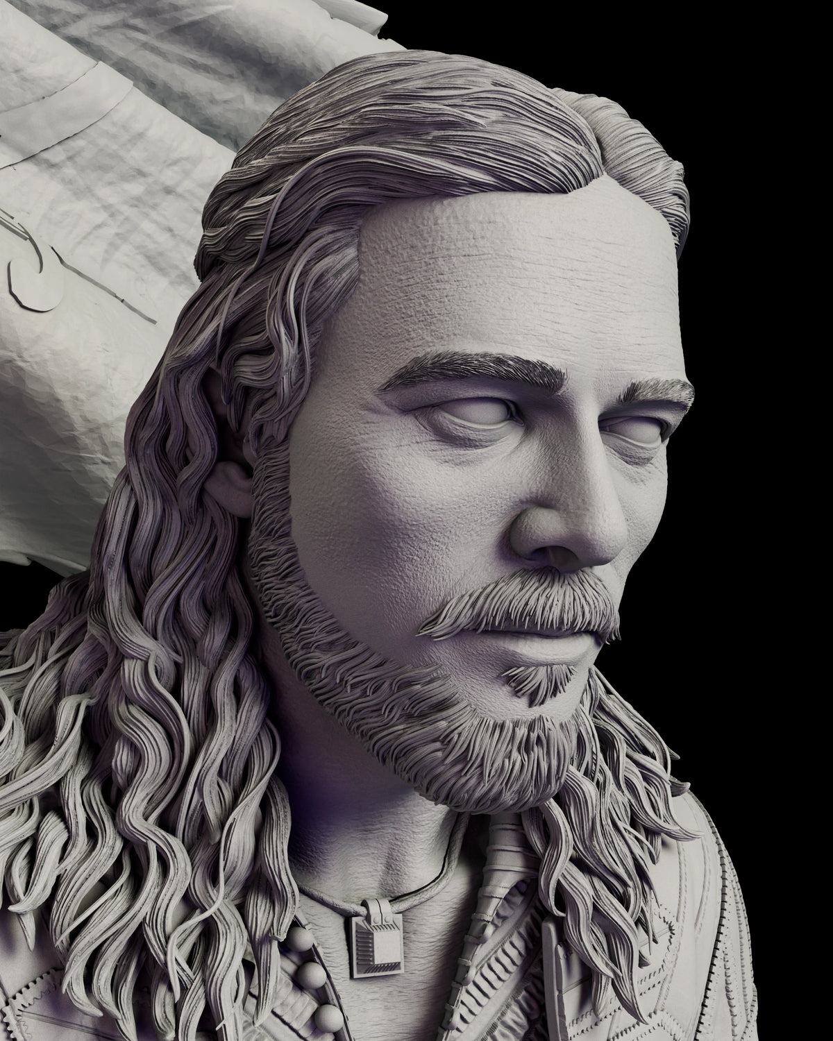 Portrait detail of John Silver with long curling hair, a trimmed beard and a pendant on a cord