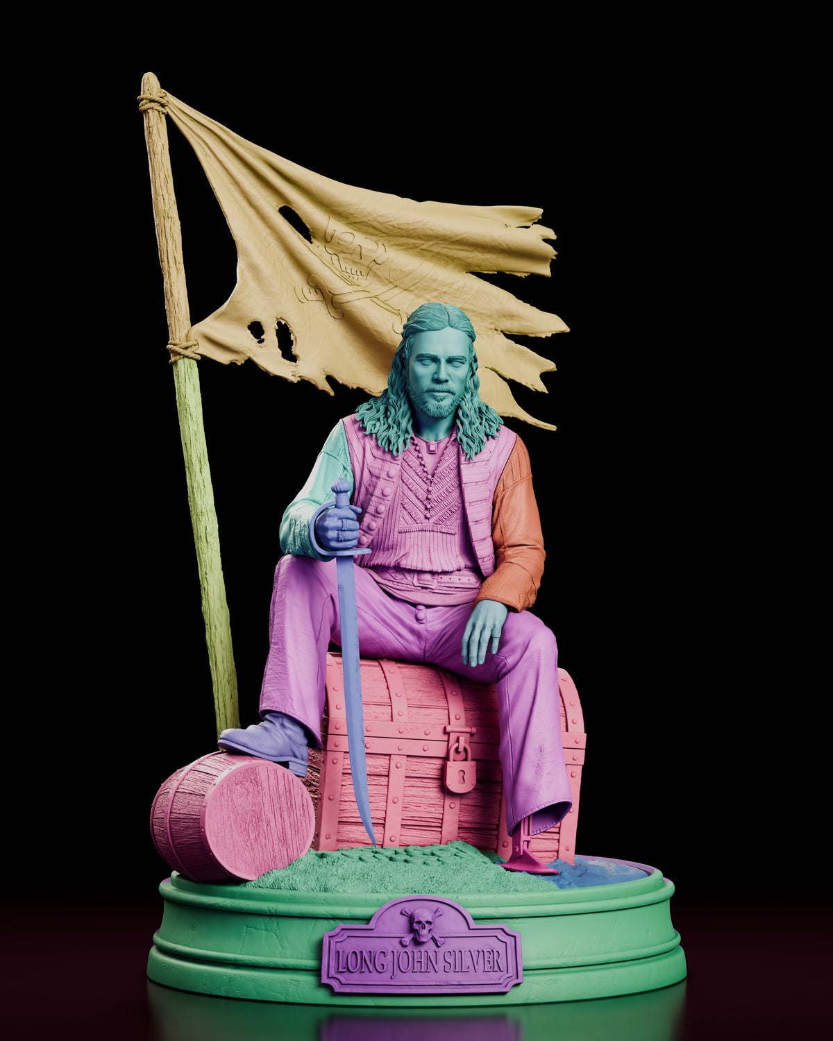 Parts breakdown of the Long John Silver resin kit with the figure, chest, barrel, flag, pole and base shown in separate colours