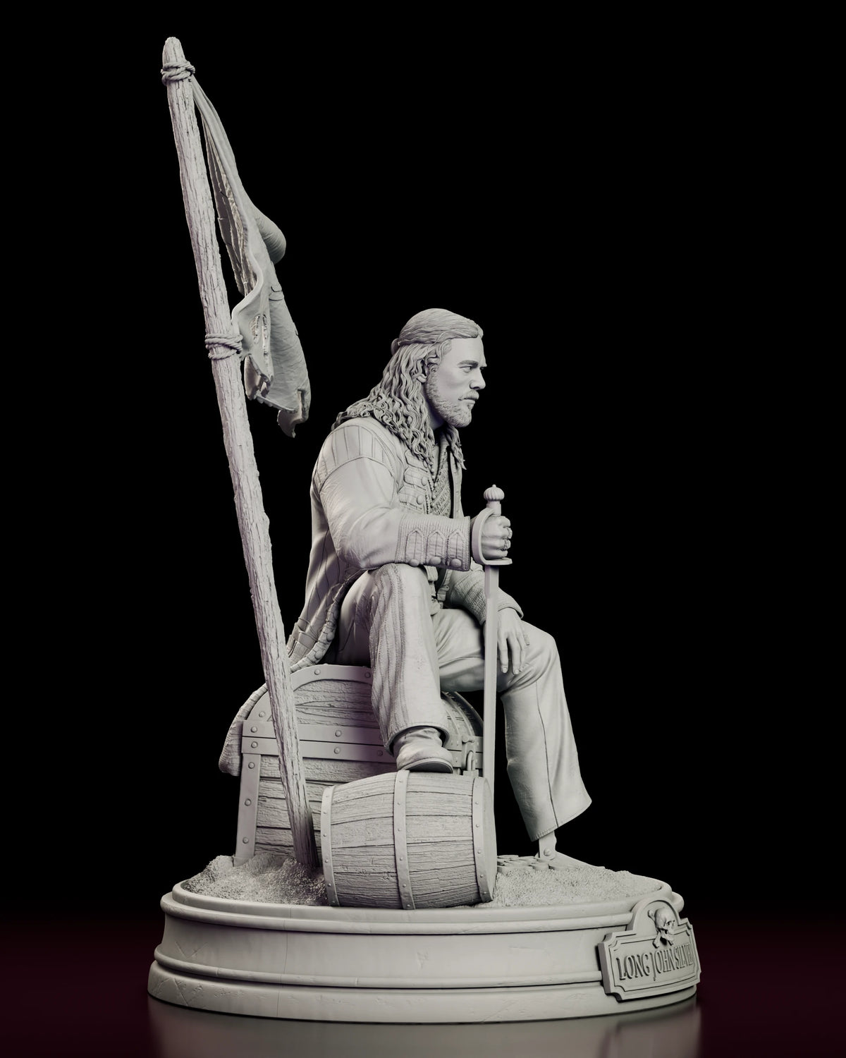Right side view of the Long John Silver resin model showing the barrel under his boot and the flag pole behind him