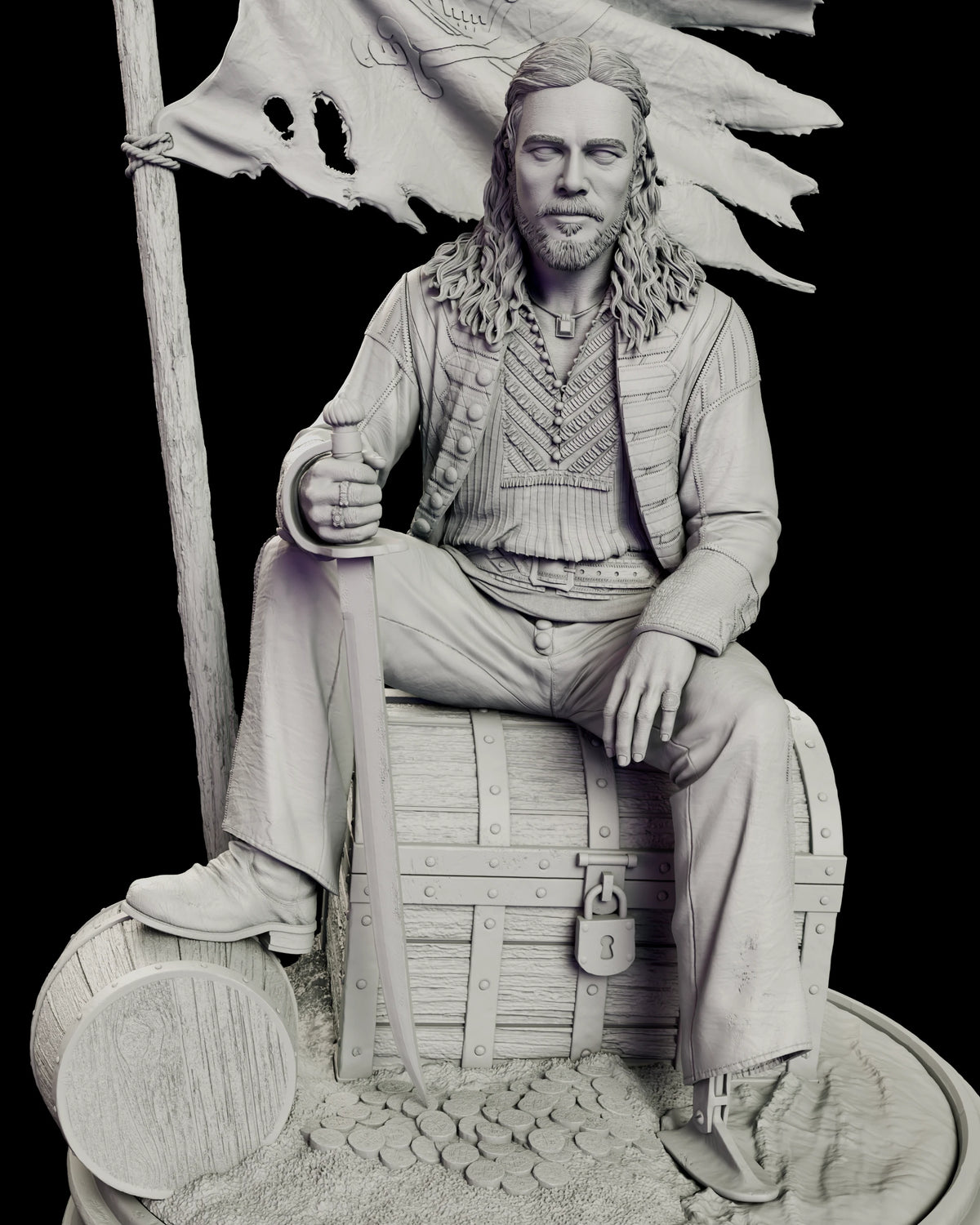 Detail of John Silver seated on a padlocked chest holding a cutlass point-down, with coins in the sand and his prosthetic brace