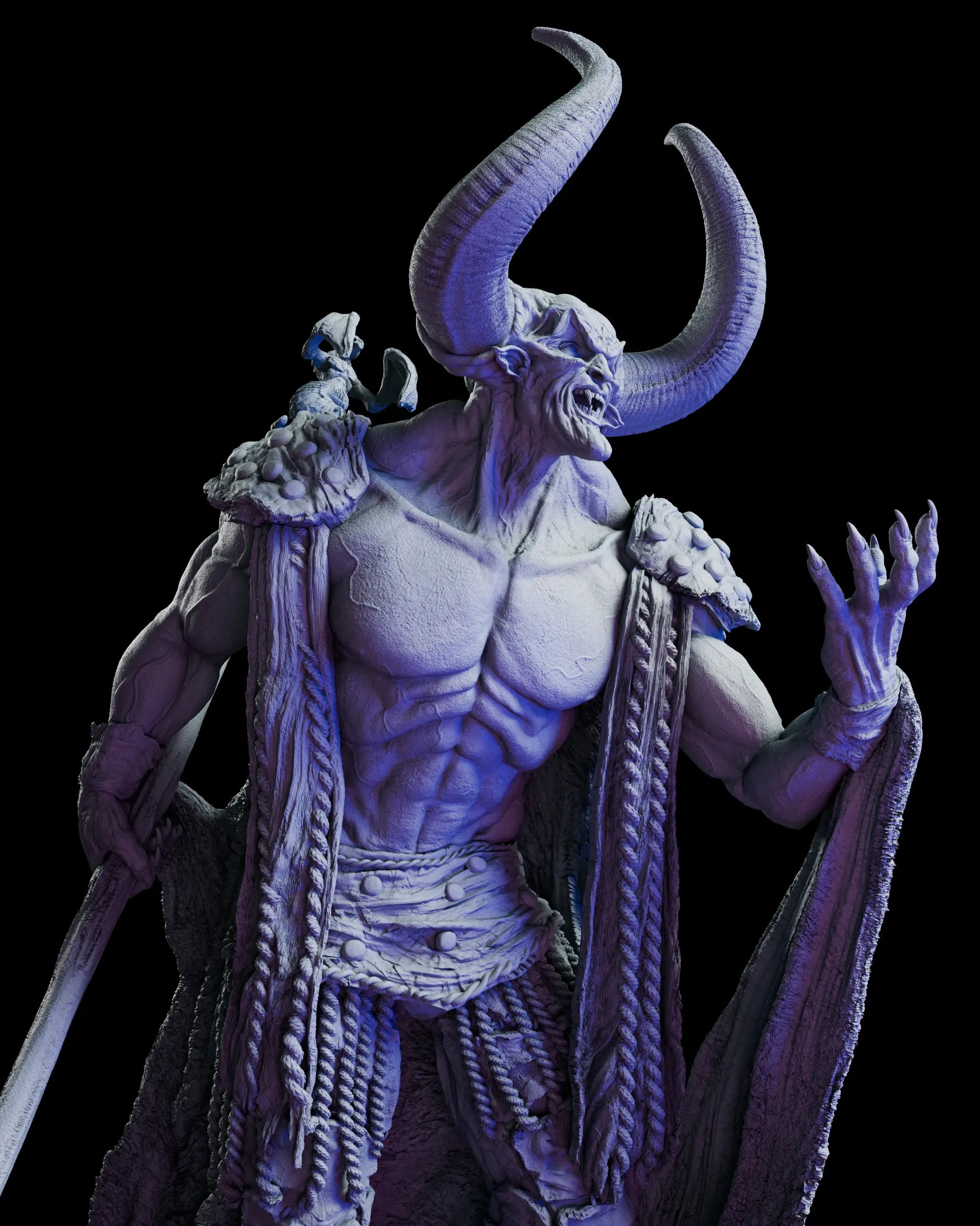 Angled upper body view of The Lord of Darkness resin model showcasing muscular anatomy costume detail and horn silhouette
