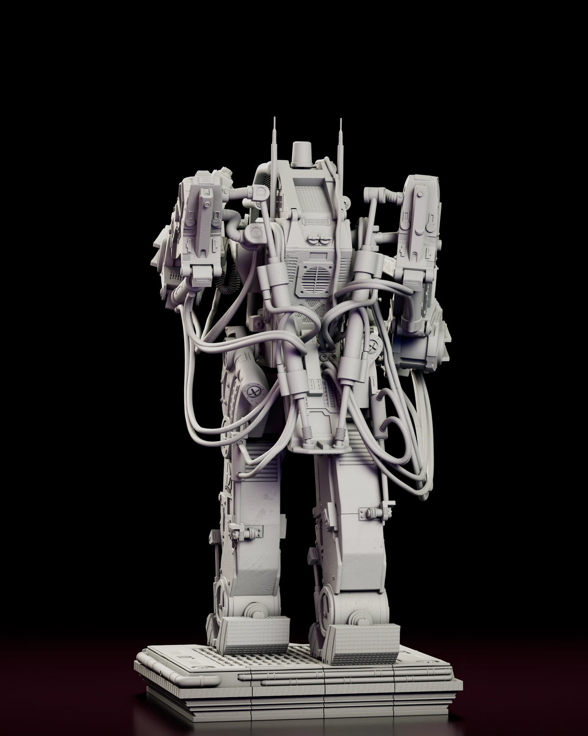 Rear view of the power loader exosuit showing the engine block, vented radiator panel and looping hose runs above the tracked feet