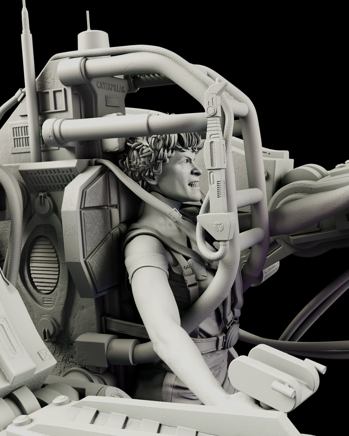Close side view of Ripley gripping the control lever inside the power loader roll cage surrounded by hoses and hydraulic housings