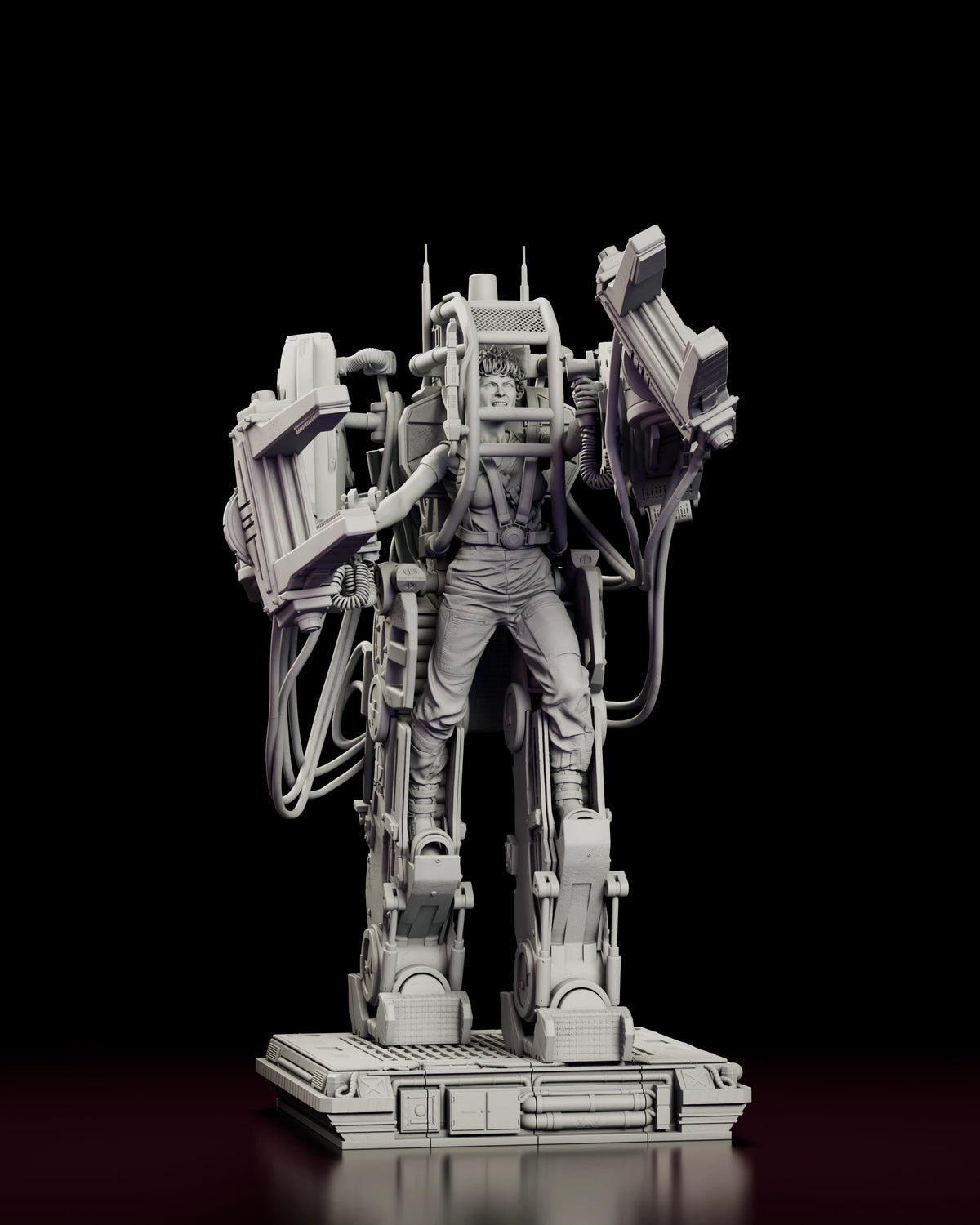 Front view of the Ripley in the Power Loader figure model kit with both articulated claws raised and the operator strapped into the open frame