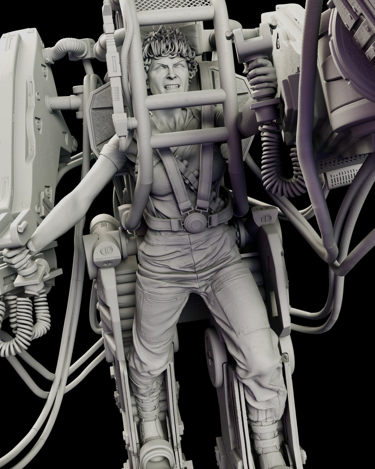 Close front view of the strap harness, belt and creased cargo trousers with the name stencilled on the boot cuffs