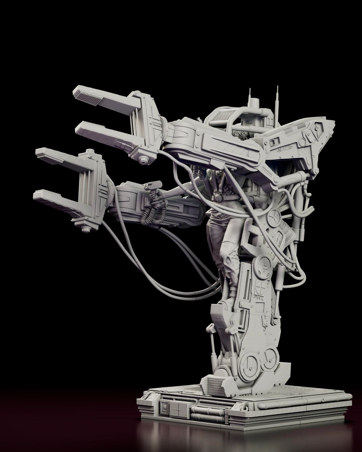 Left side view of the Ripley in the Power Loader figure model kit showing the claw arm extended over the shoulder housing
